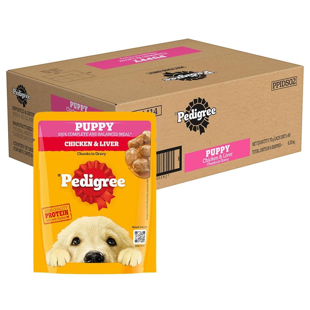 Pedigree Puppy Wet Dog Food, Chicken & Liver Chunks in Gravy, 70 g (Pack of 90), Complete & Balanced Meal for Puppies