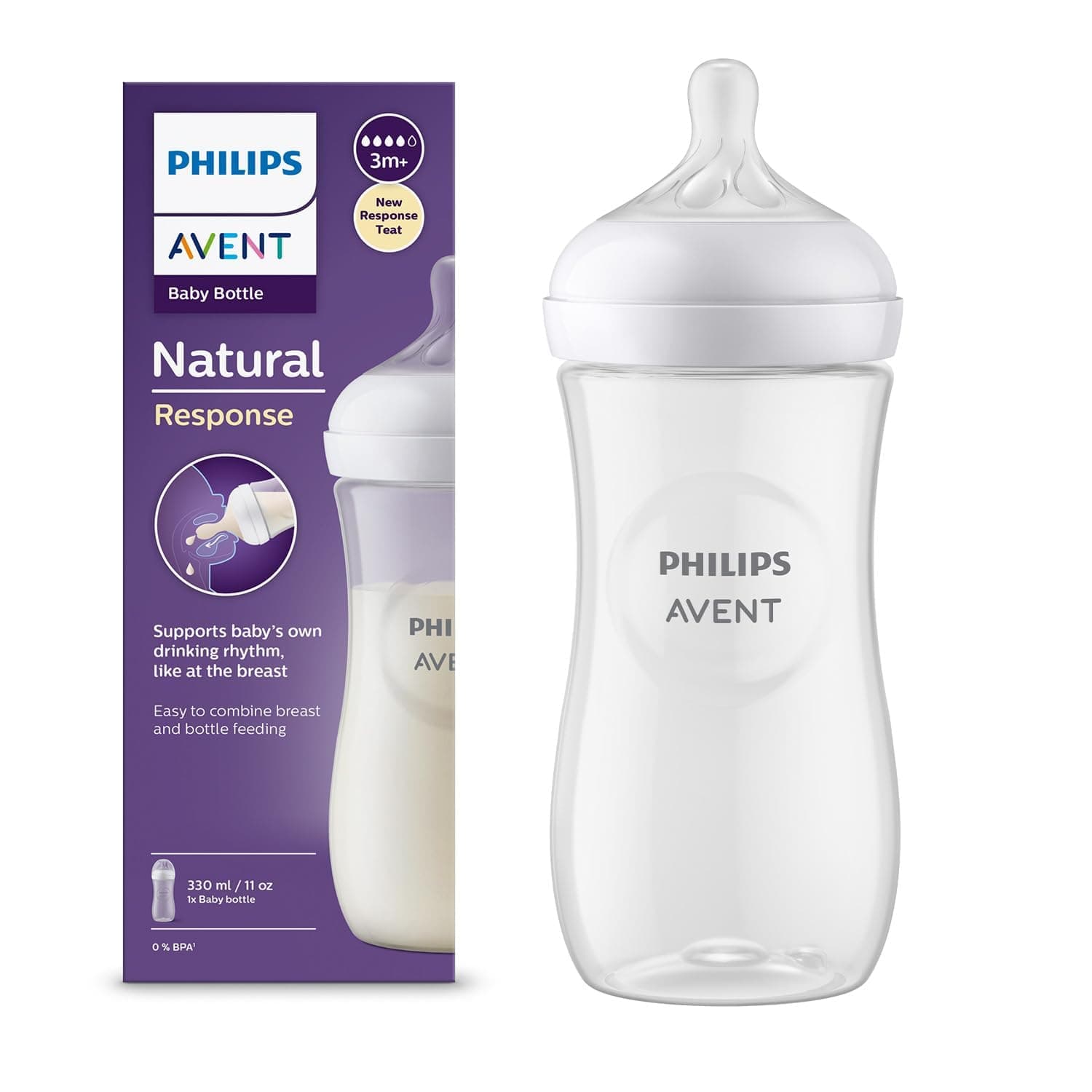 Philips Avent Natural Baby Plastic Feeding Bottle | No.1 Brand Recommended by Moms Worldwide | Ideal for 6 months+| Natural Response Technology Mimics Breastfeeding | Uniquely Designed Nipple releases milk only when baby drinks | Pack of 1 | SCY906/01