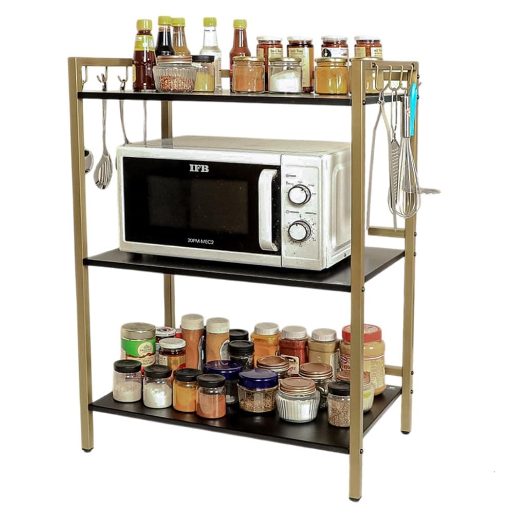 DECOWORLD || 3 Tier Metal Microwave stand || Microwave & OTG Stand for Kitchen Counter|| Triple Platform for Extra Storage with hooks|| Kitchen Oven Rack (BLACK & GOLDEN), Free Standing, Tiered Shelf