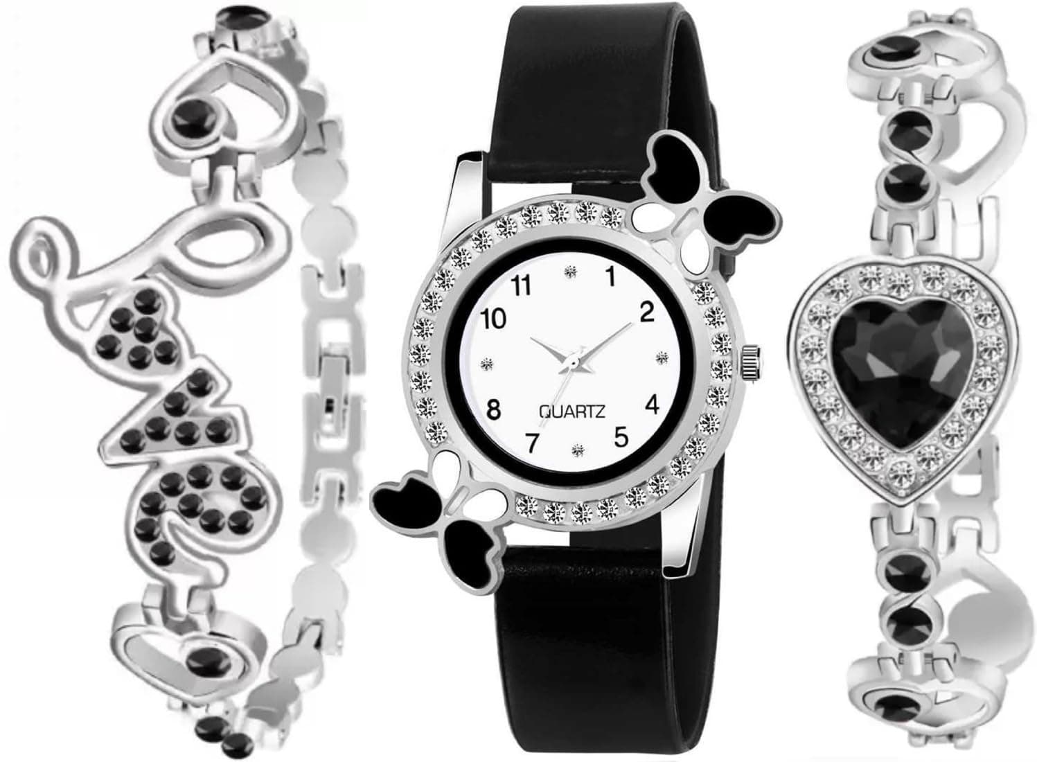 Acnos Silicone White Dial Diamond Pink Analog Watch Diamond Bracelet for Girl Best Design Butterfly Combo 3 Pack of 3, Black Band