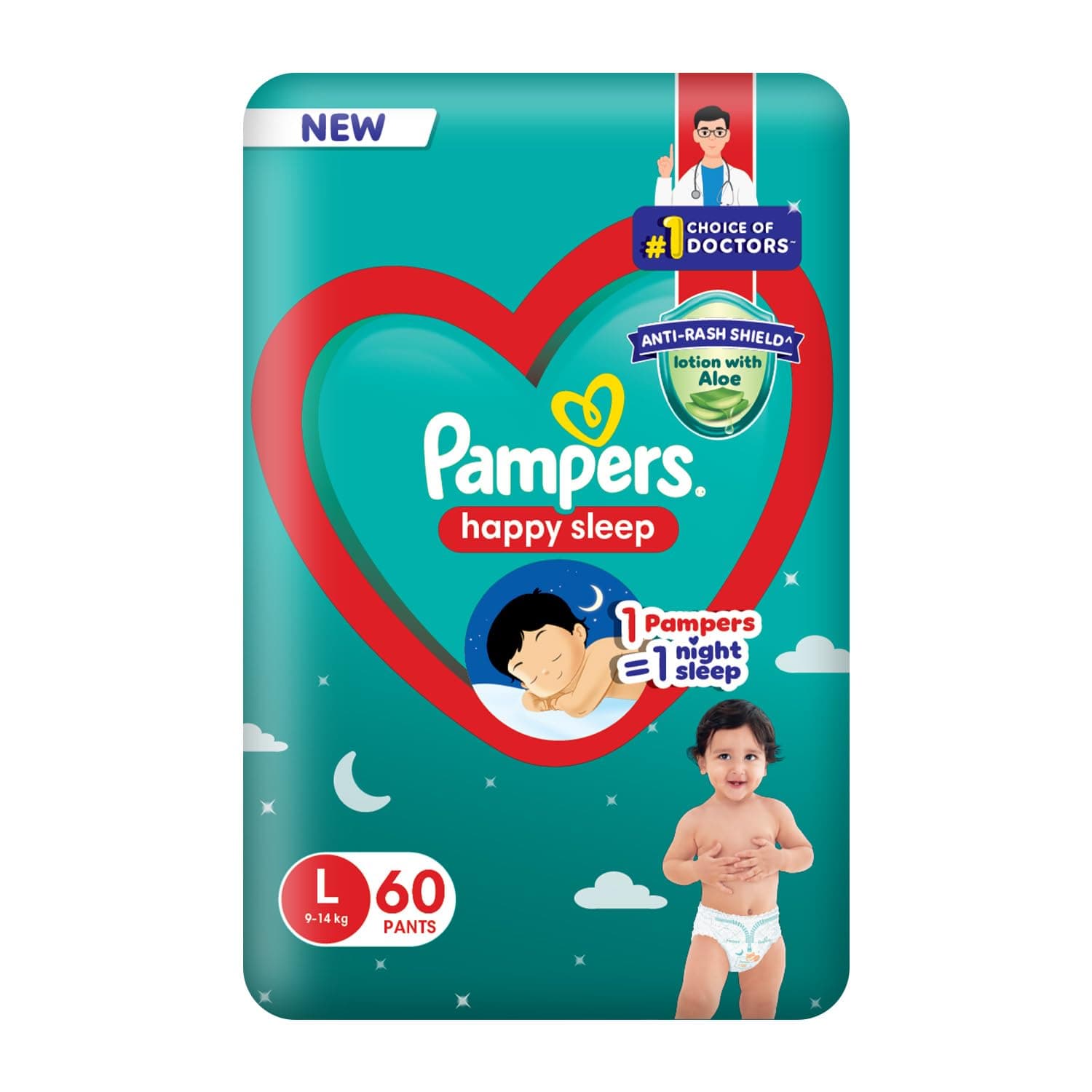 Pampers Happy Sleep Pant Style Baby Diapers, Large (L), 60 Count, 1 Pampers = 1 Night Sleep, with Anti Rash Shield, 9-14 Kg Diapers