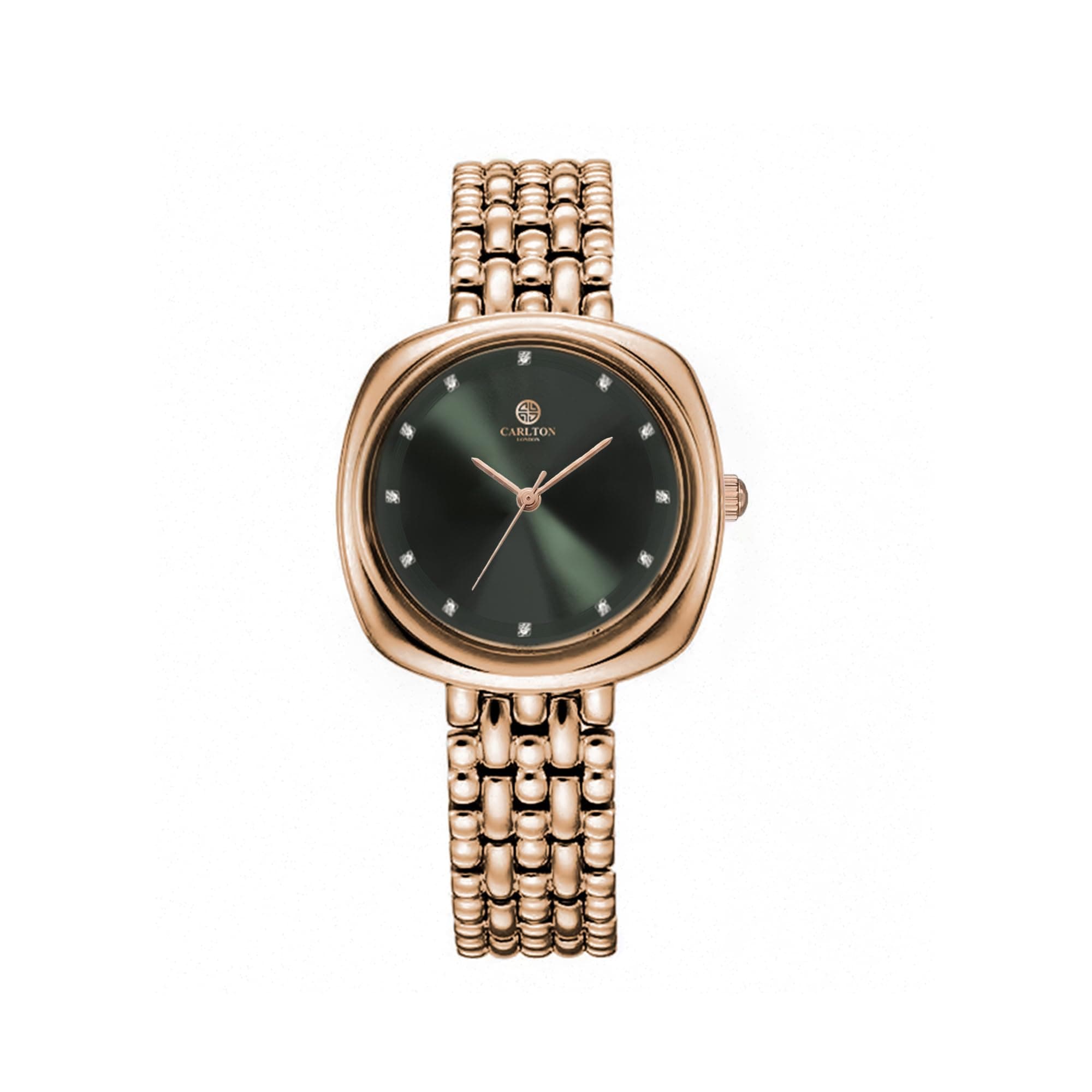 Carlton London Women Celeste Analog Watch, Square Dial, Stainless Steel Strap, Quartz Movement, Dark Green Dial, Rose Gold Strap, 30M Water Resistant, Casual Wear | CLW-CT-44