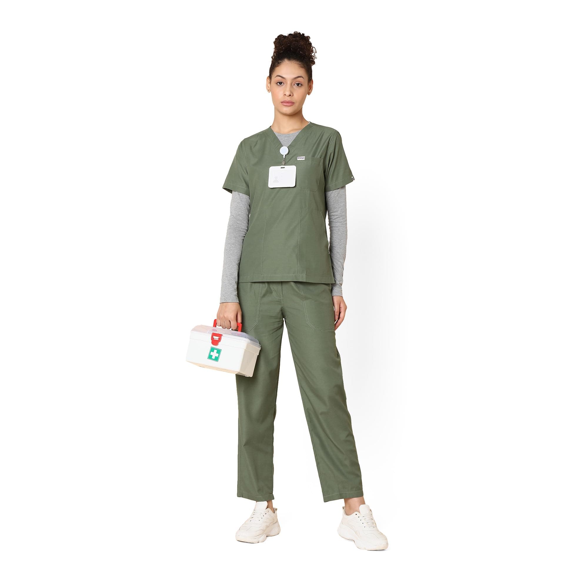Knya Scrub Suit for Women | 5 Pockets | V Neck Top & Bottom Set | Short Sleeves | Lightweight & Breathable | Hospital Clinic & OT Wear | Medical Uniform | Scrubs for Female Doctors Nurses & Dentists (XS, Olive)