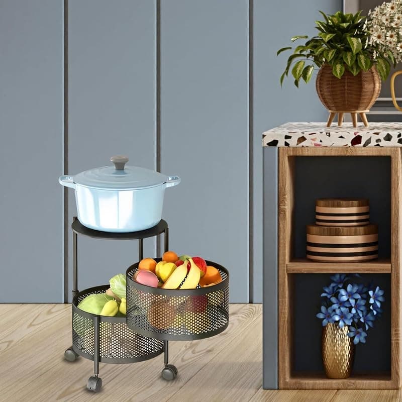 flymore Kitchen Trolley Round Onion Baskets for Storage Kitchen Accessories Items and Vegetable Basket for Kitchen Organizer Items and Storage Portable Kitchen Accessories with Wheels(Black,Layer-2)