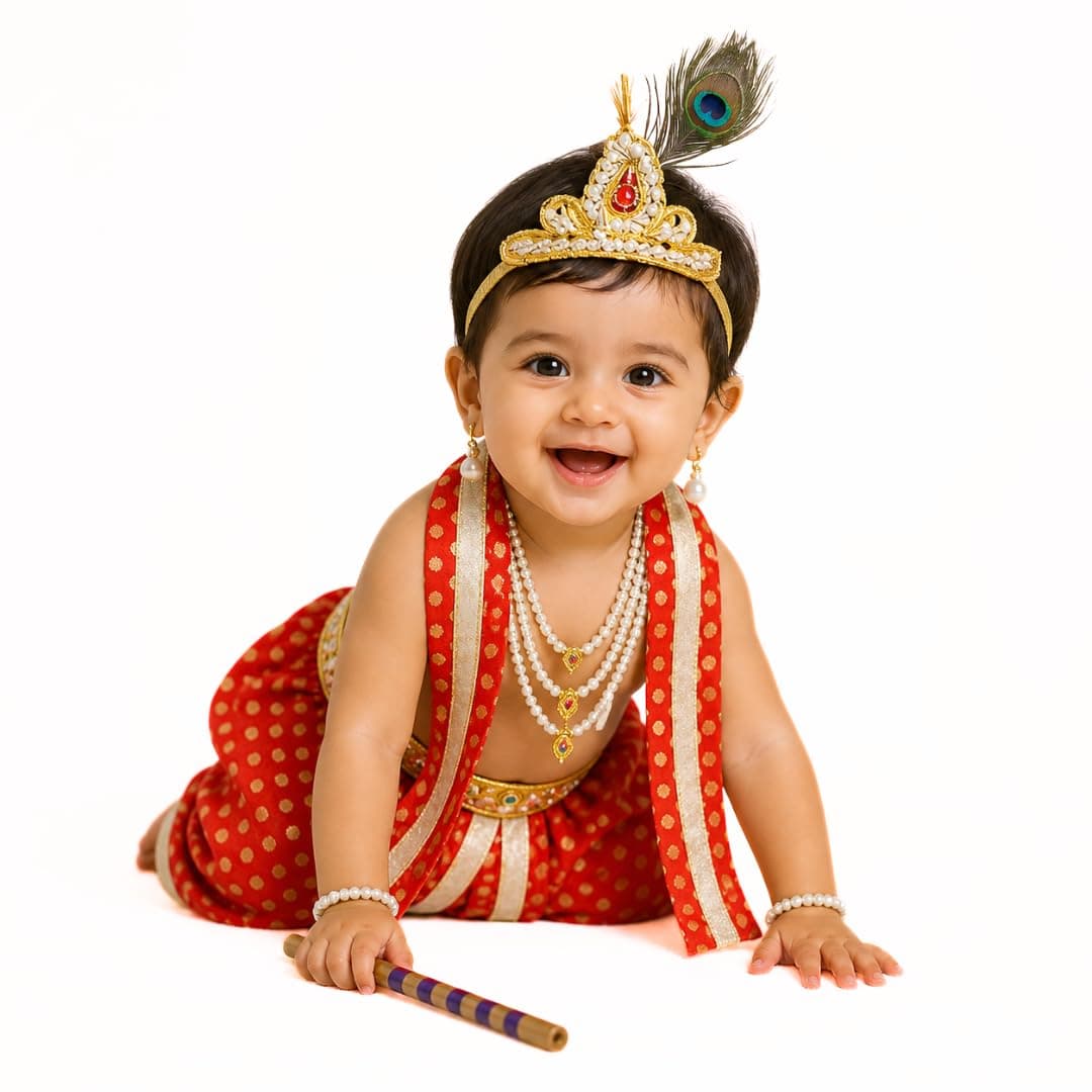 ITSMYCOSTUME Little Krishna Dress for Boys & Girls | Krishna Costume Set with Dhoti, Patka, 5 Layer Moti Mala, Mukut, Morpankh & Accessories | Janmashtami Fancy Dress for Kids - Red