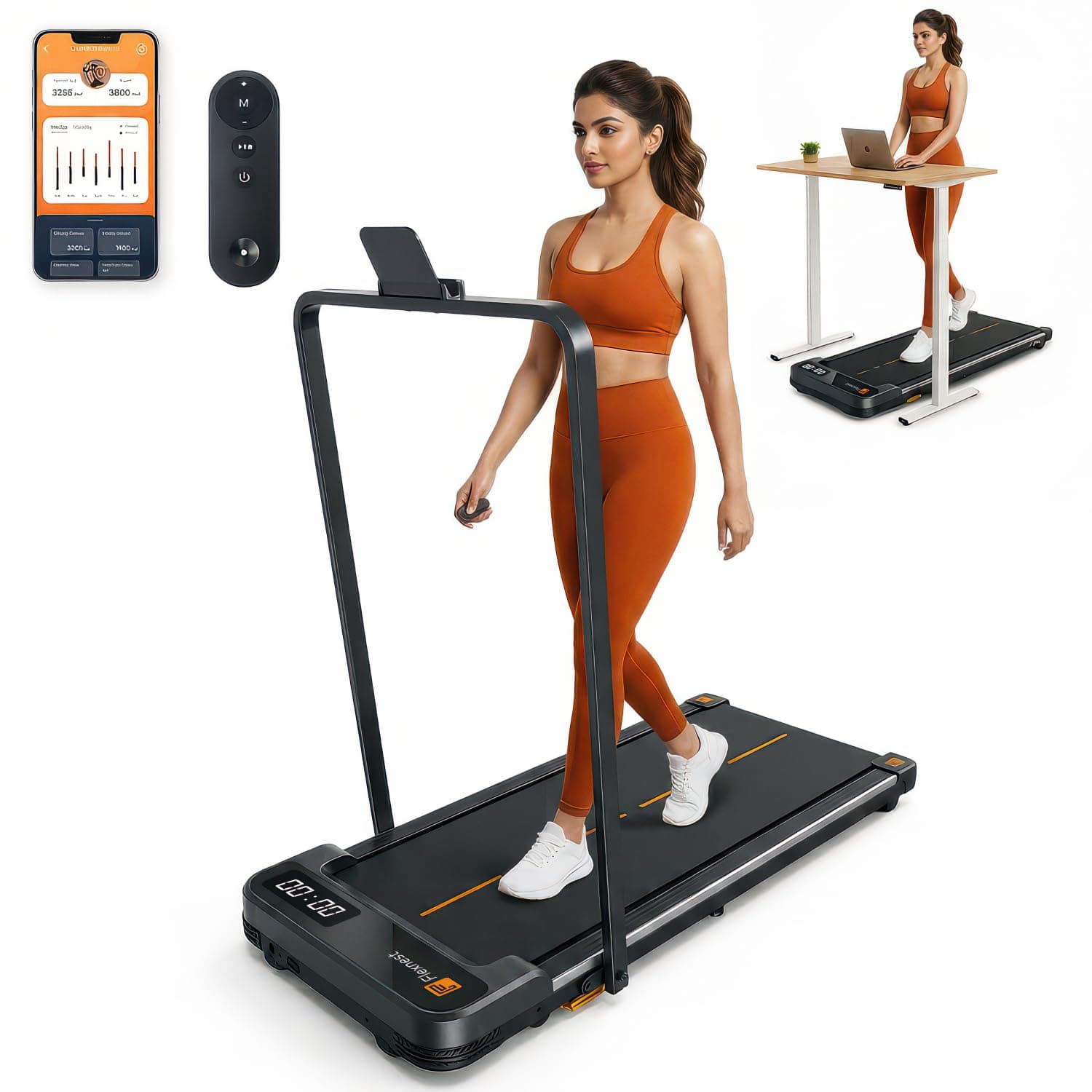 Flexnest Flexpad EZ Pro 2 in 1 Walking Pad Treadmill for Home Use, 1–10 km/h, Foldable Rail, 9% Incline, LED Display, Shock Absorption, 100kg Capacity for Home & Office Use - Black