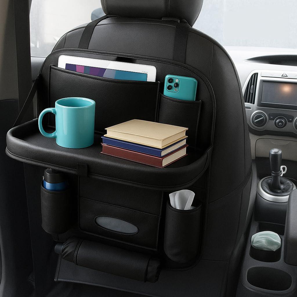 TSKN Premium Black Car Backseat Organizer with Foldable Tray | Multi-Pocket Storage for Tablets, Phones, Bottles & Travel Essentials