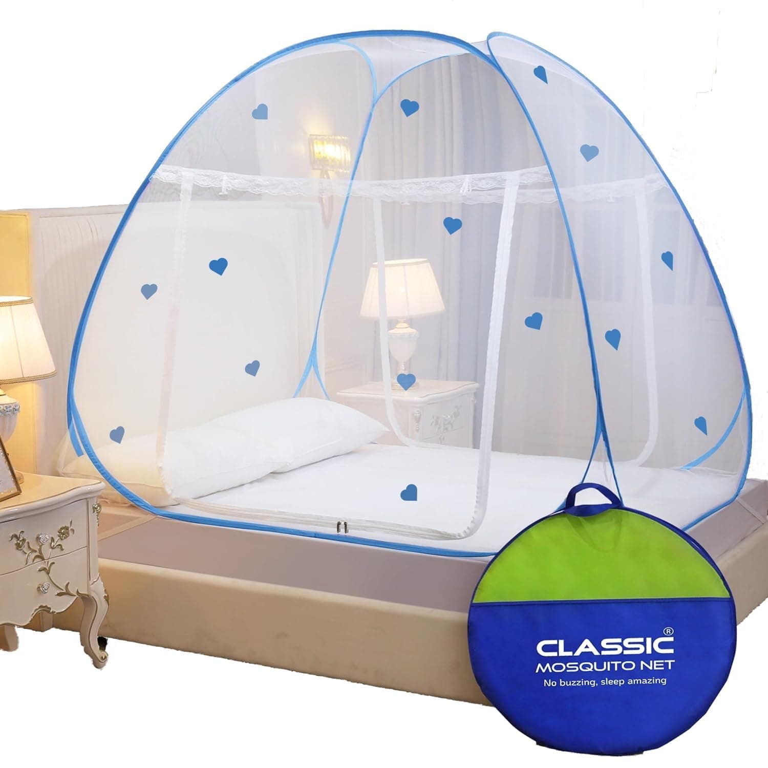 Classic Mosquito Net for Double Bed | Heart Design (Limited Edition) | Queen Size Foldable Machardani | Polyester 30GSM Strong Net | PVC Coated Corrosion Resistant Steel Wire - Blue