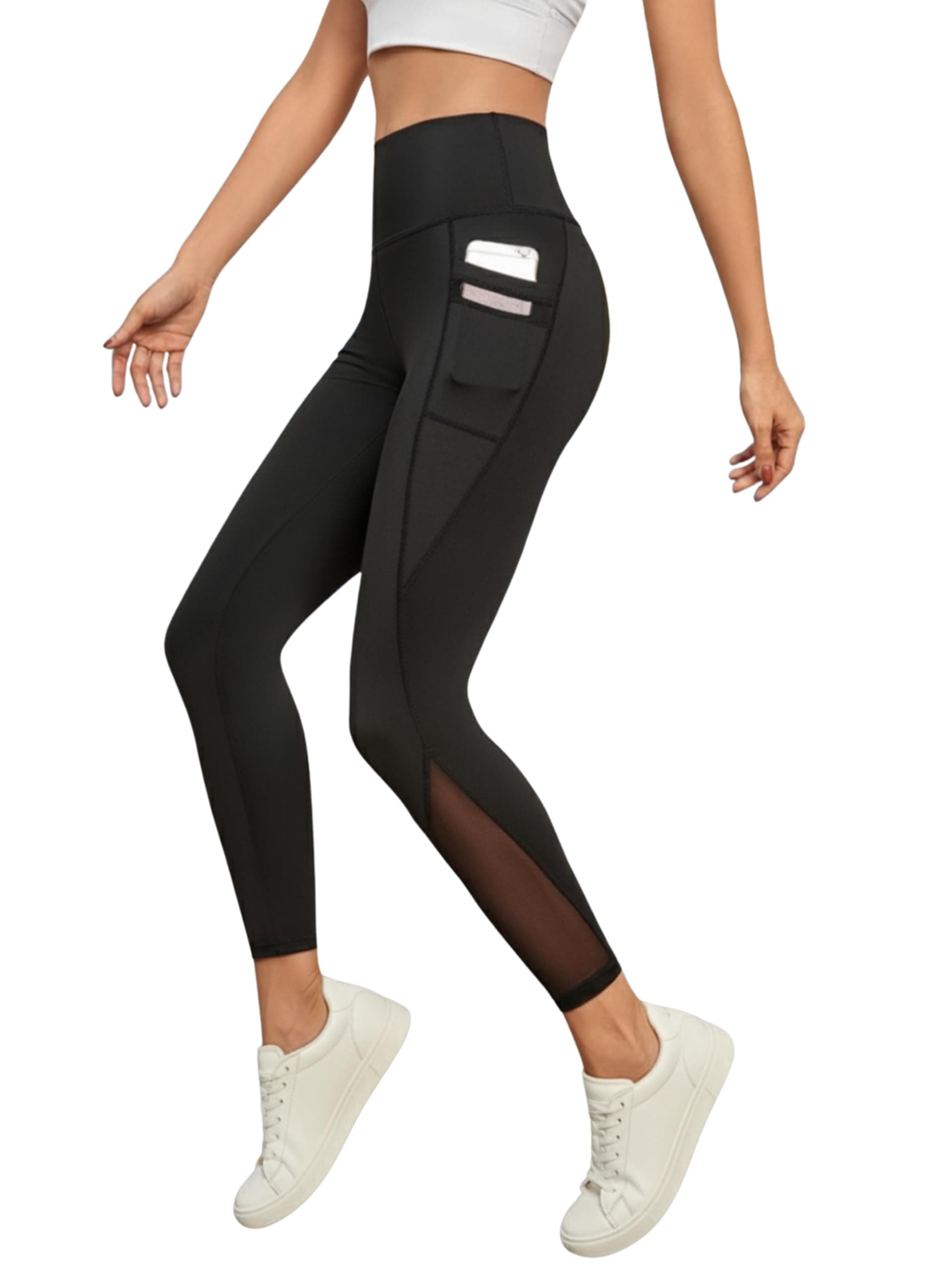 BLINKIN Women High Rise Gym Wear Mesh Leggings Workout Pants With Side Pockets/Stretchable Tights/Highwaist Sports Fitness Yoga Track Pants _2012 (Color_Black,Size_Xl)