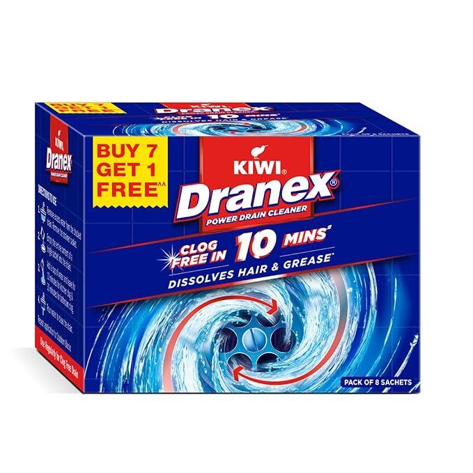 Kiwi Dranex Drain Cleaner Powder | Rapid Action Formula for Clog Free Drains in 10 Min | Safe for Kitchen Sink, Wash Basin, Bathroom drain & Pipes | Pack of 8