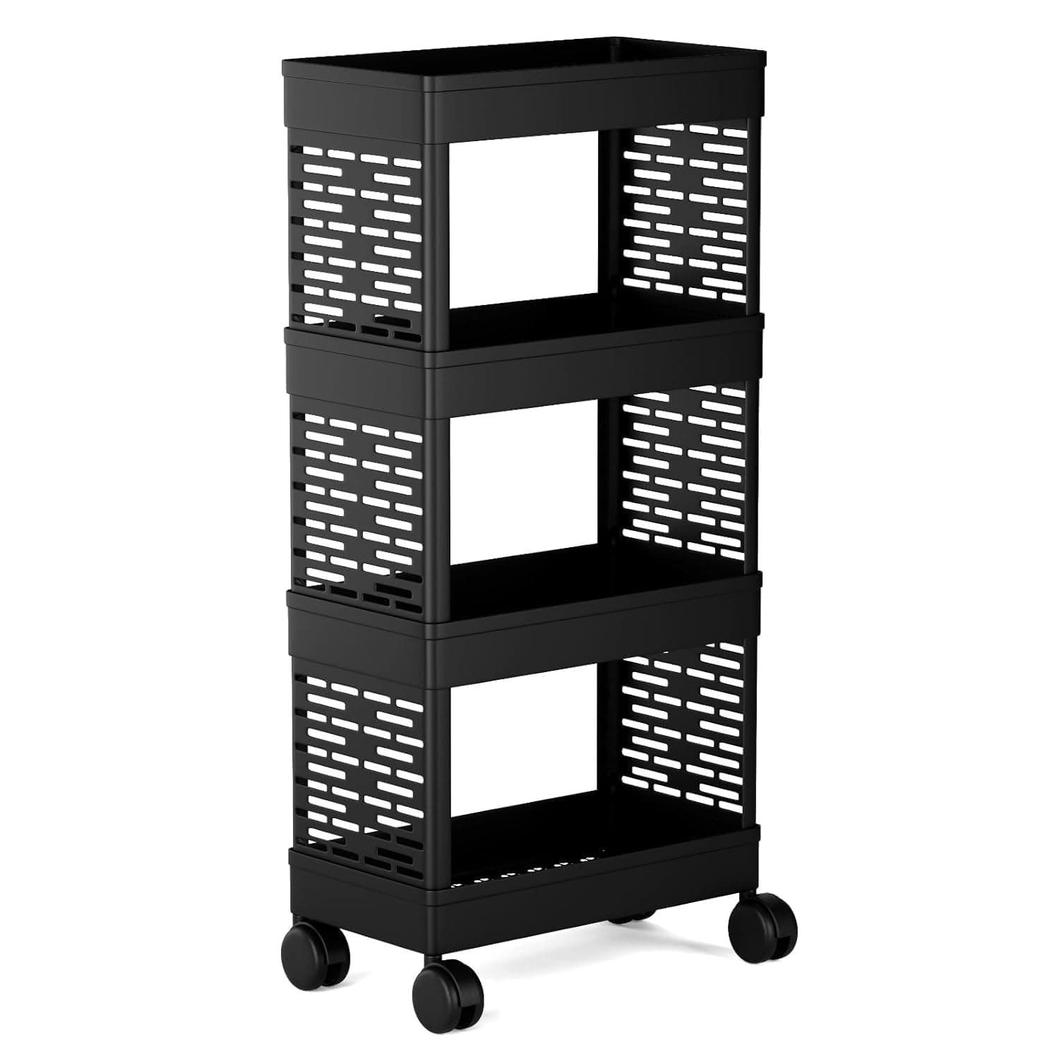RAYMOX 4 Tier Storage Rack with Wheels | Bathroom Kitchen Organizer Shelf | Rolling Utility Trolley for Home, Laundry, Office & Living Room | Heavy Duty Plastic Rack - Black