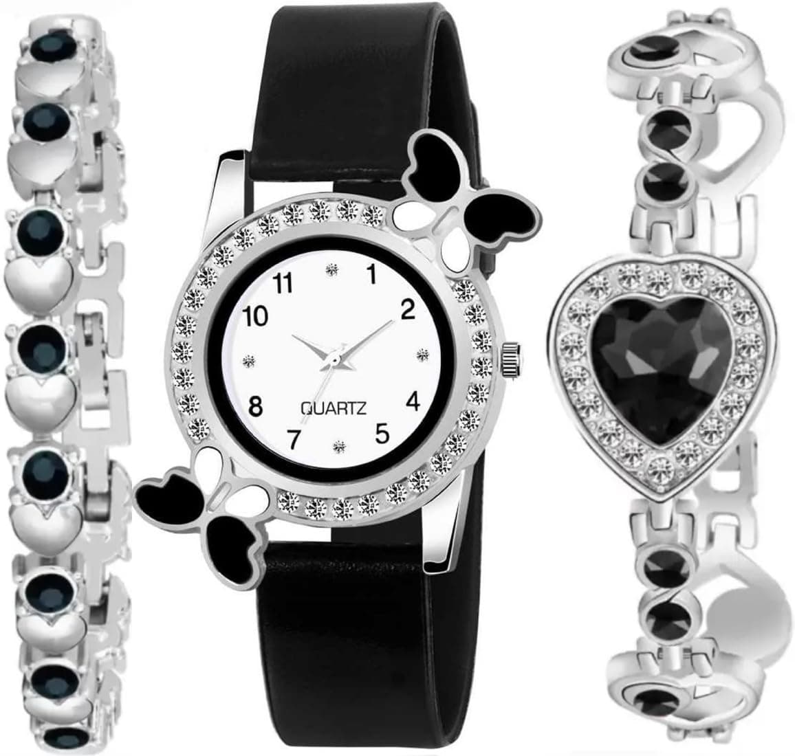 Acnos Silicone White Dial Diamond Pink Analog Watch With Diamond Bracelet For Girl Best Design Butterfly Combo 3 Pack Of 3, Black Band