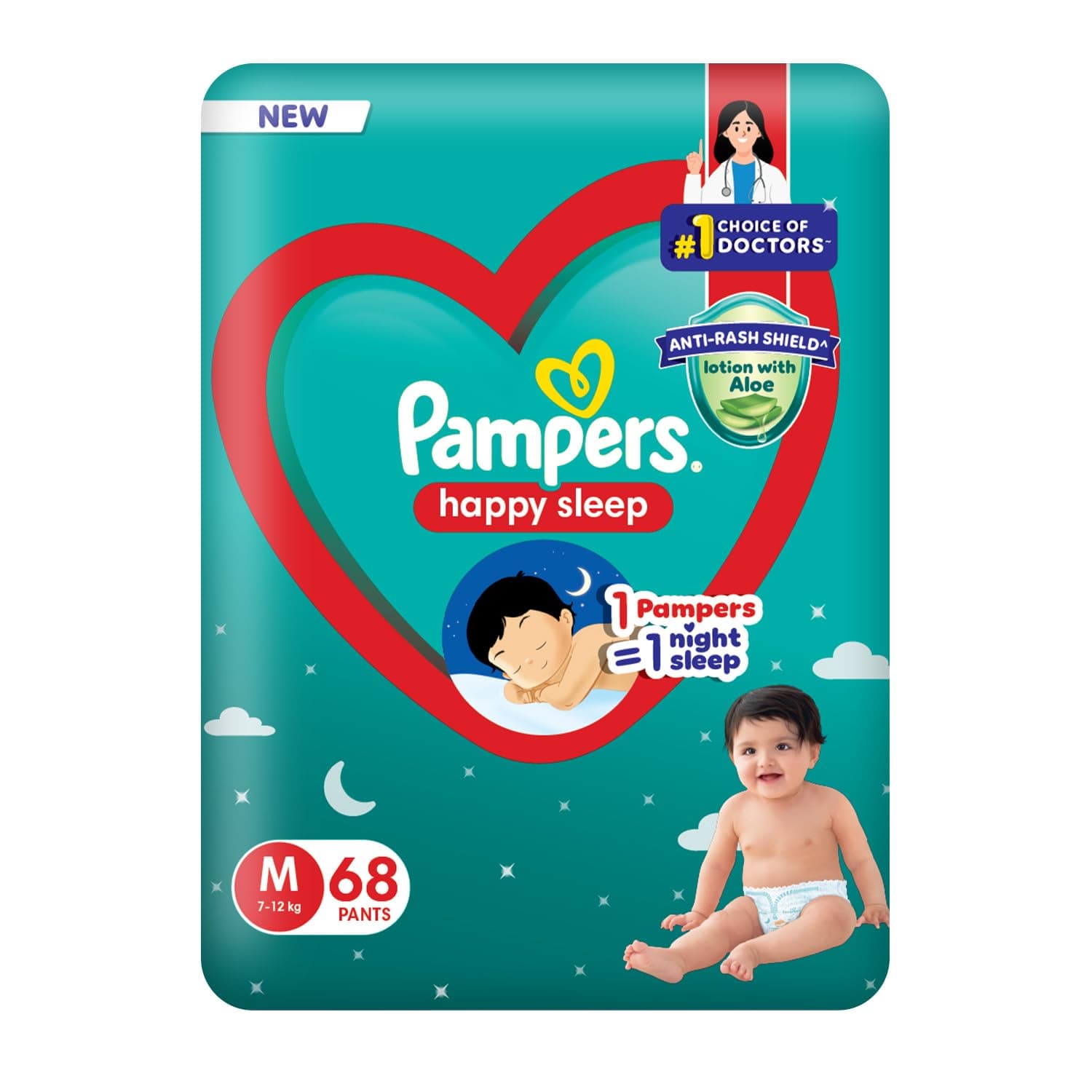 Pampers Happy Sleep Pant Style Baby Diapers, Medium (M), 68 Count, 1 Pampers = 1 Night Sleep, with Anti Rash Shield, 7-12 Kg Diapers