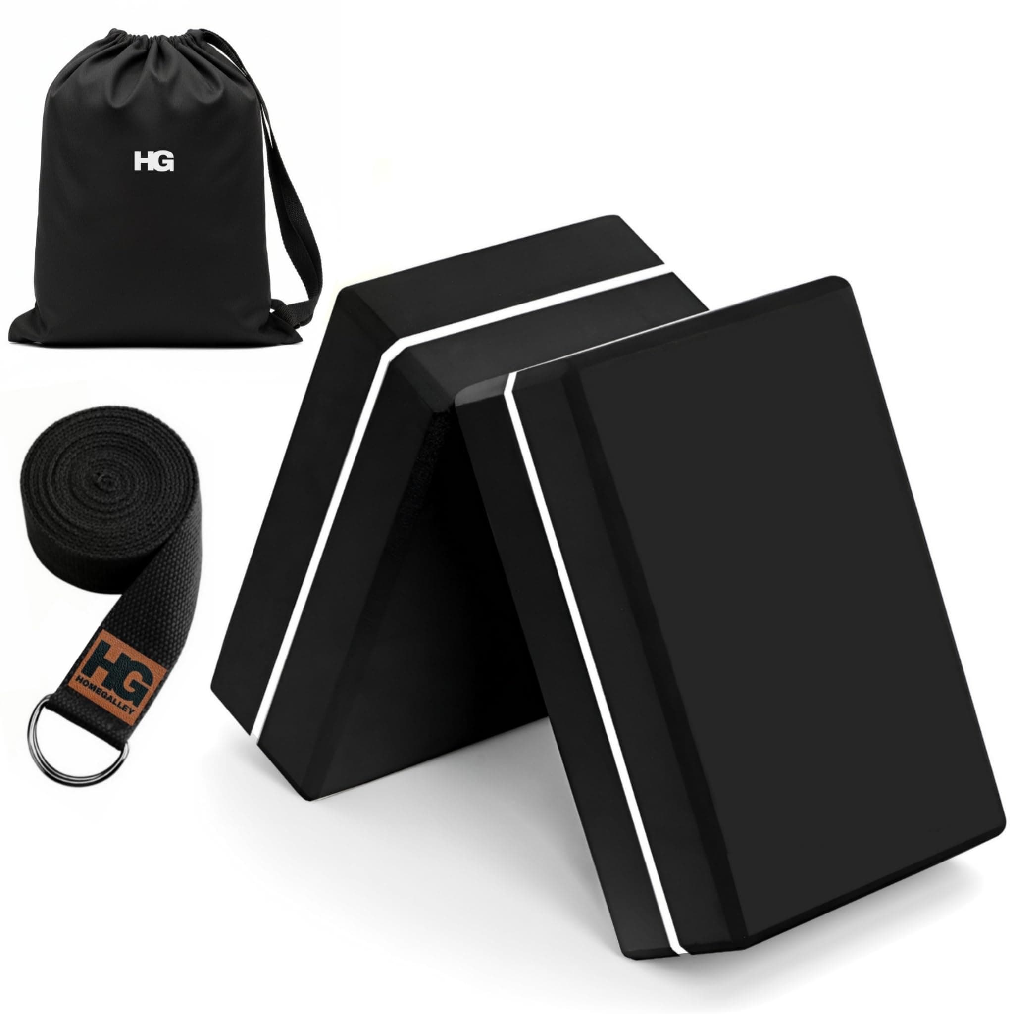 HOMEGALLEY Yoga Blocks Pack of 2 with Belt for Exercise High Density Eva Exercise Block Pair to Improve Strength, Balance, Stretching Yoga Bricks Set with Strap for Women and Men, Black