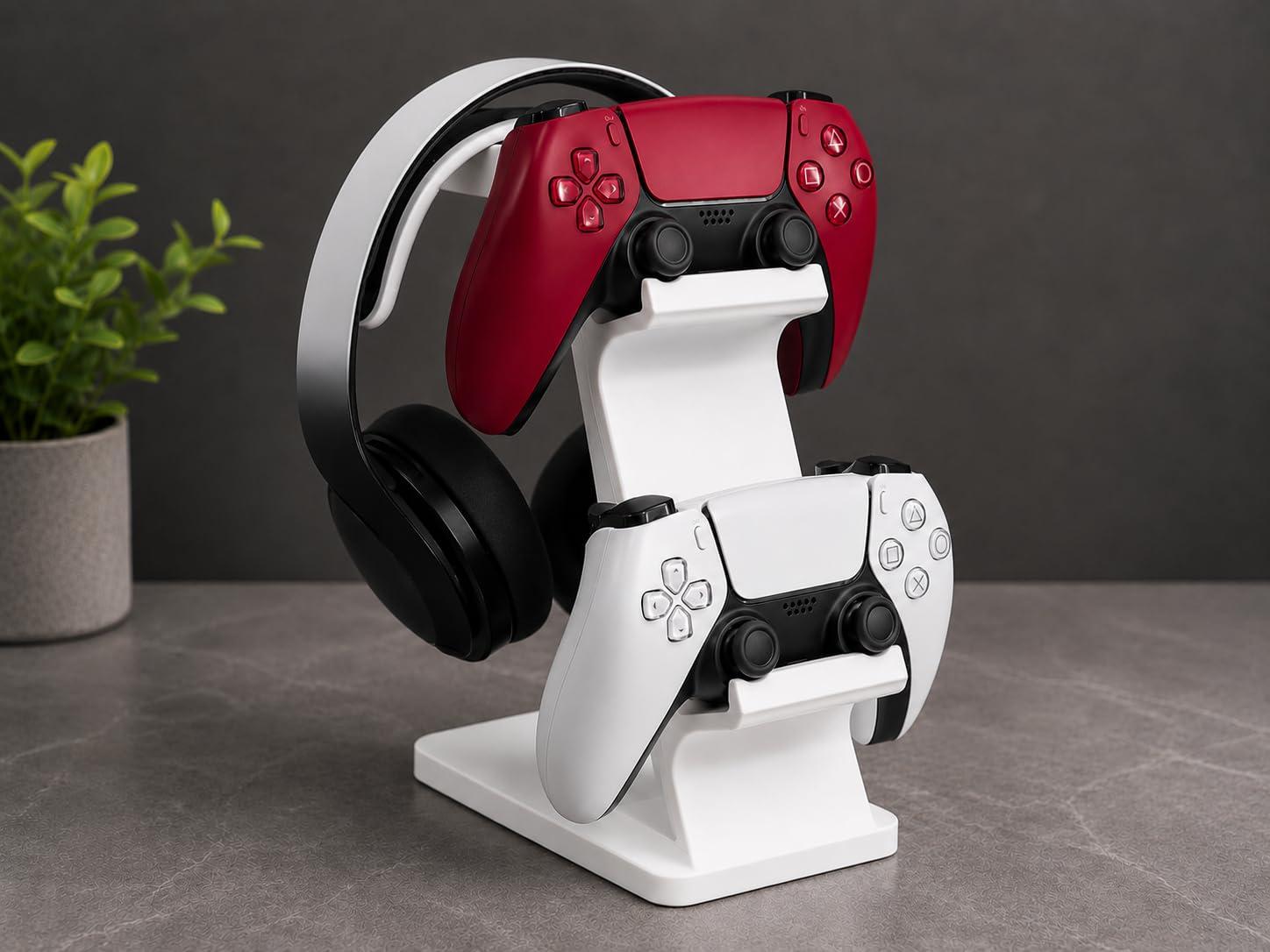 Gaming Dual Controller and Headset Holder Stand, Black (White)