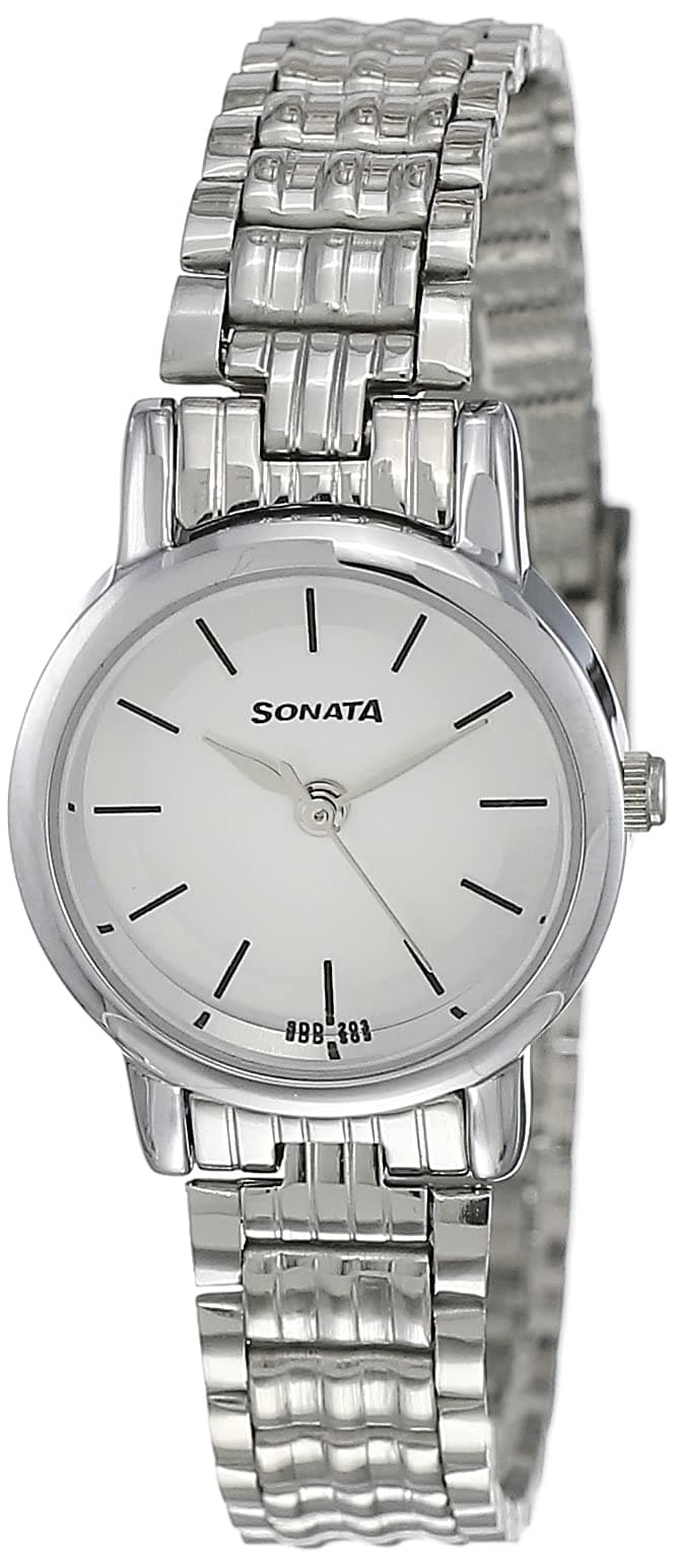 Sonata Quartz Analog White Dial Silver Stainless Steel Strap Watch For Women - NT8976SM01W