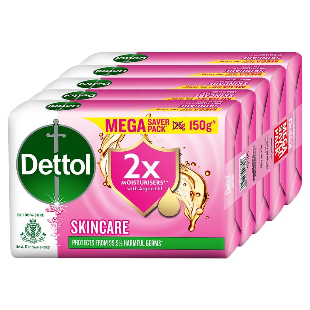 Dettol Skincare Moisturizing Beauty Bathing Soap Bar with Argan Oil (750gm) | Softer Skin, Floral scent, 150gm, Pack of 5 (3308668)