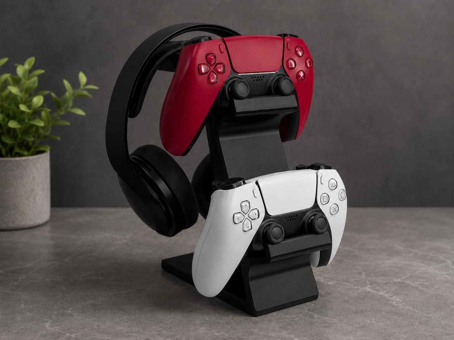 Gaming Dual Controller and Headset Holder Stand, Black (Black)