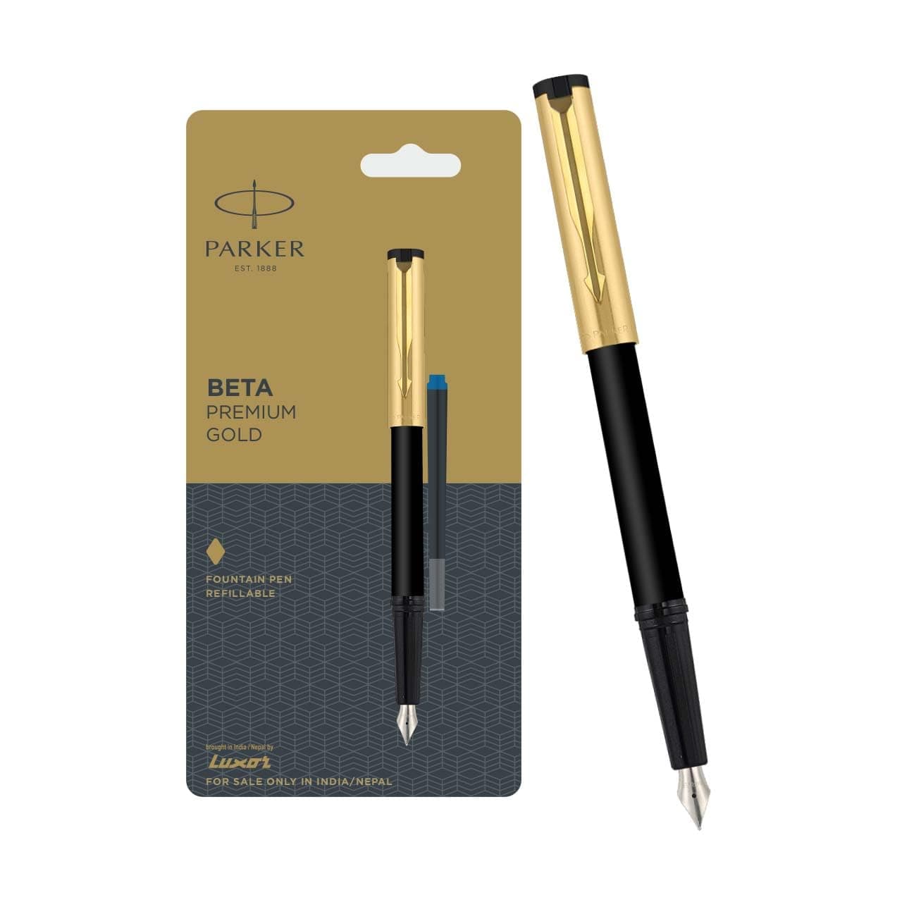 Parker Beta Premium Gold Trim Fountain Pen with 1 Ink Cartridge | Ink Color - Blue | Intutive Design | Comfortable Grip