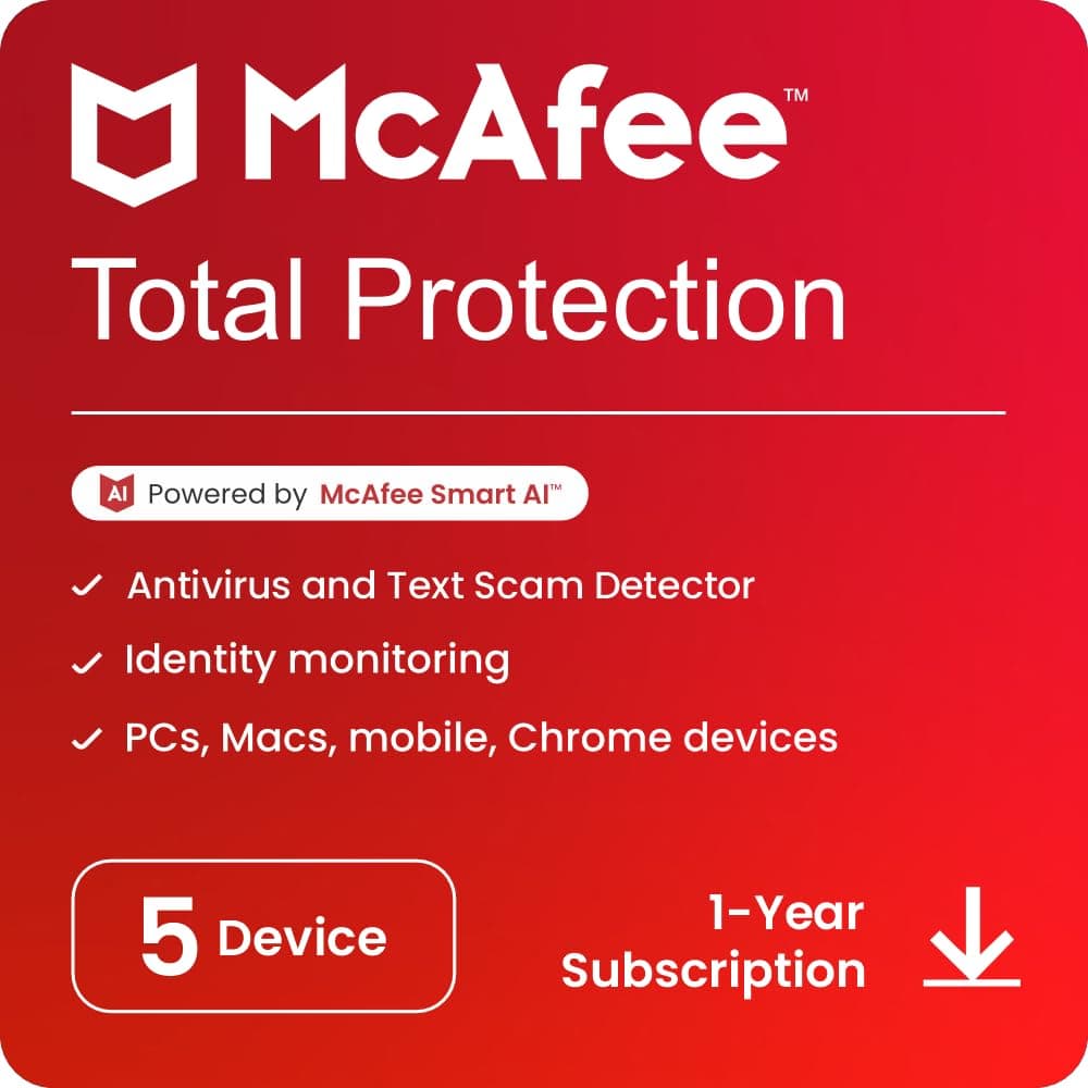 McAfee Total Protection 2025 | 5 Devices, 1 Year | Antivirus Internet Security Software | Password Manager & Dark Web Monitoring Included | PC/Mac/Android/iOS | Email Delivery