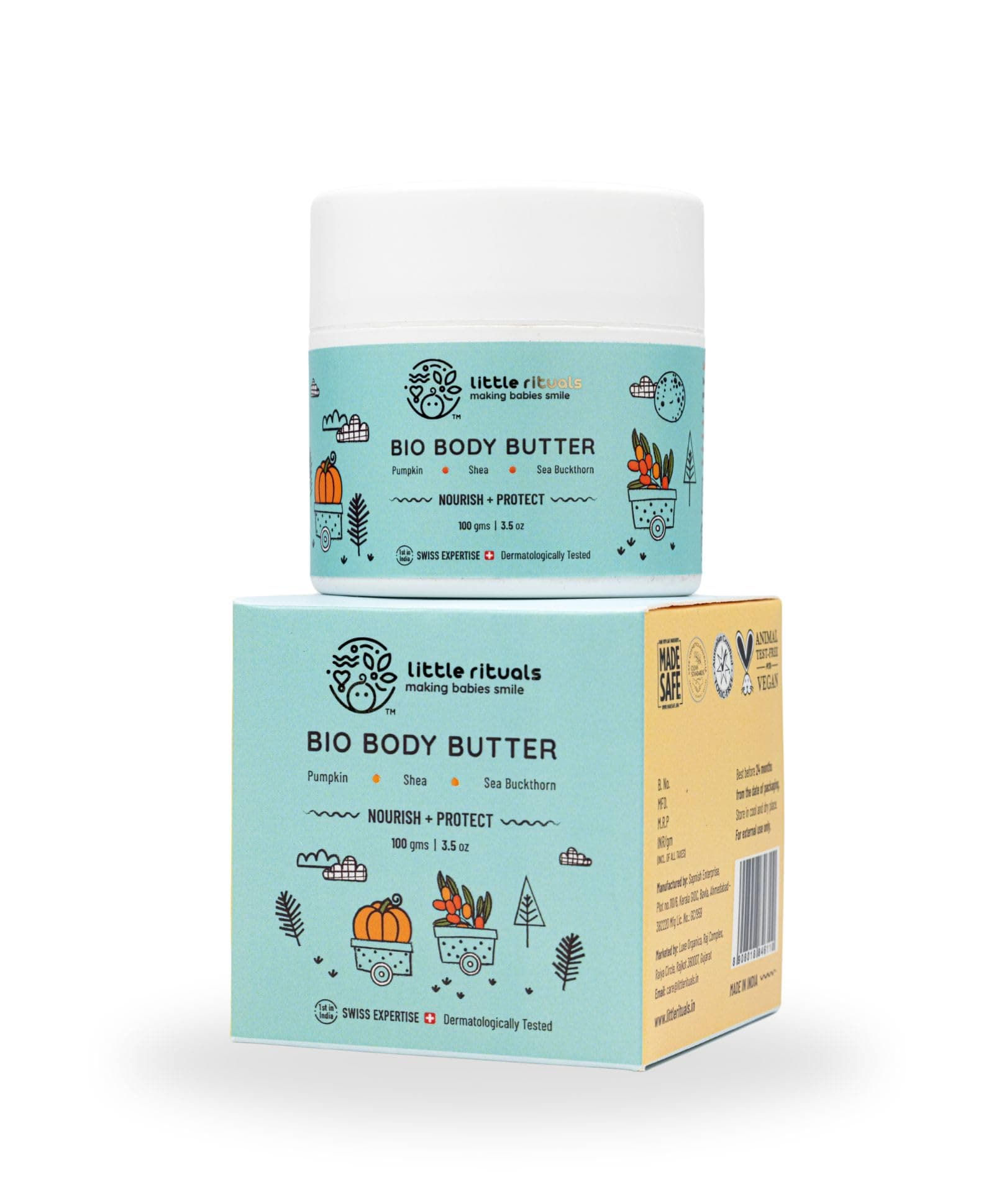 Little Rituals Baby BIO BODY BUTTER - NOURISH+ PROTECT Formulated with best plant botanical -PUMPKIN & SHEA BUTTER, SEABUCKTHORN OIL. Natural, Organic, Dermat tested, SWISS Technology (100 gm)