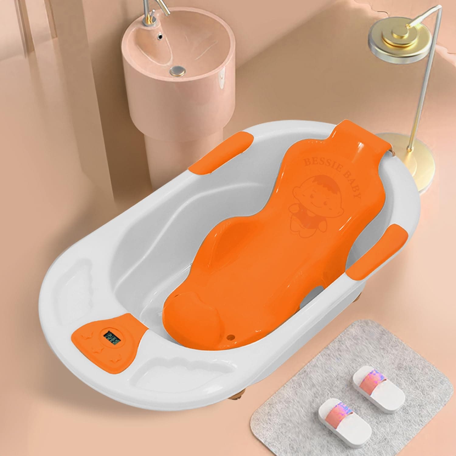 StarAndDaisy Baby Bath tub for 0 to 5 Years with Temperature Sensor/Bath Tub for Kids with Anti-Slip Legs/Bathtub for Baby with Baby Bather Without Wheel(White-Pink)