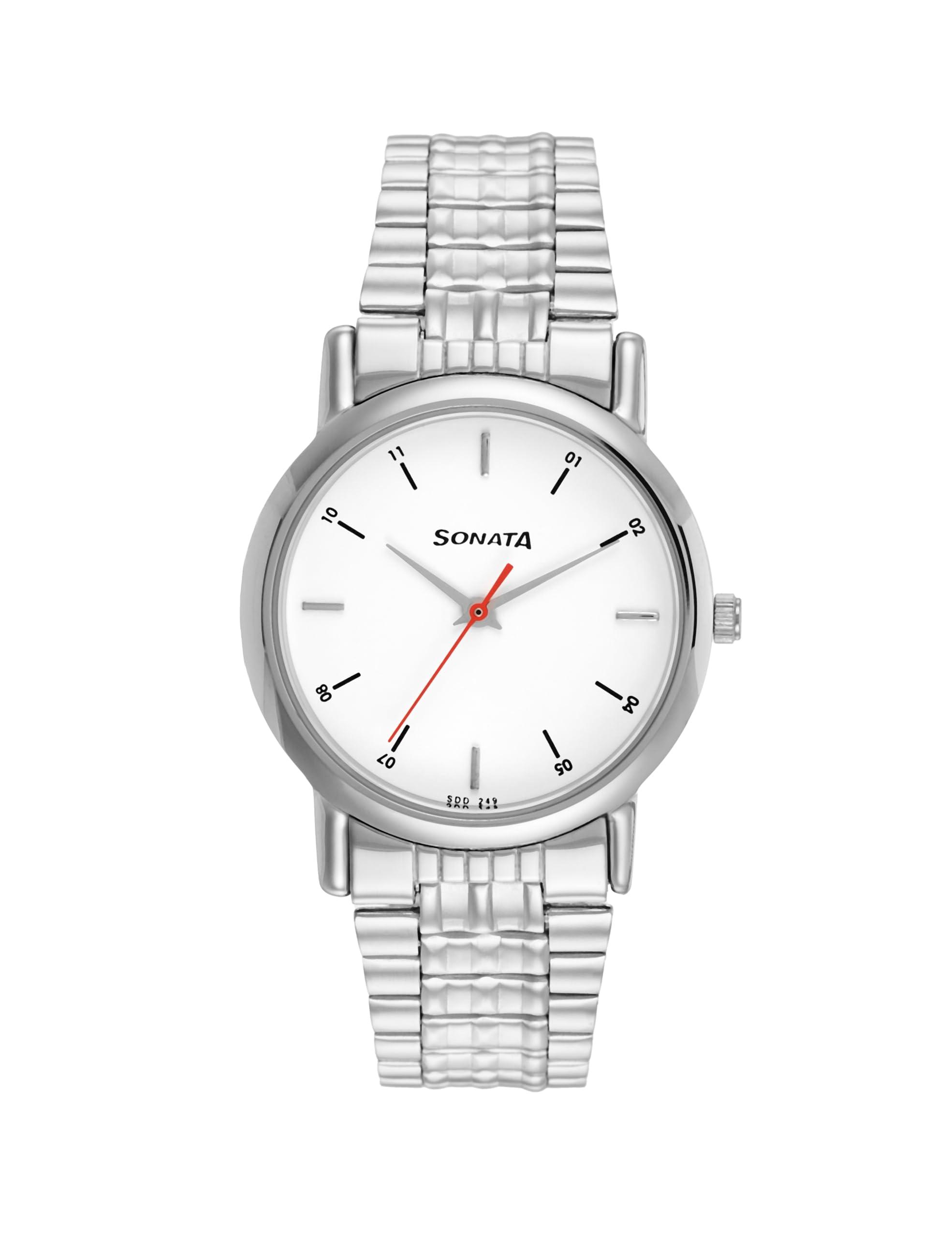 Sonata Quartz Analog White Dial Silver Stainless Steel Strap Watch for Men - NT7987SM03W