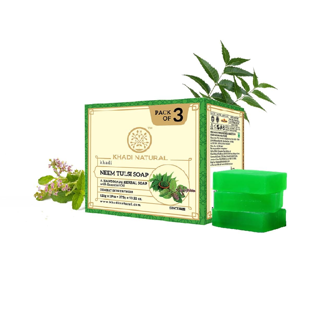 Khadi Natural Neem Tulsi Soap 125g X 3 Pcs = 375g| Handmade Bathing Soap | Herbal Soap for Removing Dirt & Impurities | Suitable for All Skin Types|Pack of 3