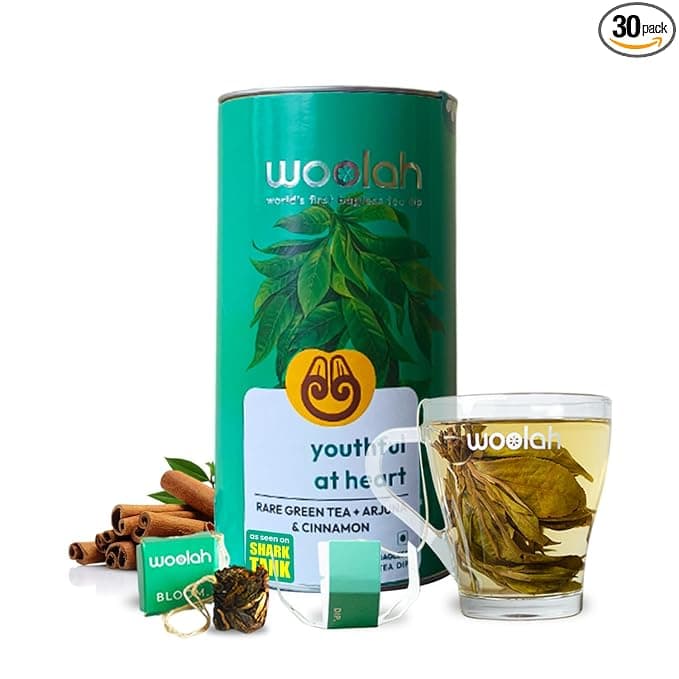 Woolah Bagless Whole Leaf Green Tea with Arjuna & Cinnamon | Naturally Grown | Rich in Antioxidants | Heart-Friendly Wellness Tea | Plastic-Free Brewing | (30 Dips/60 cups)