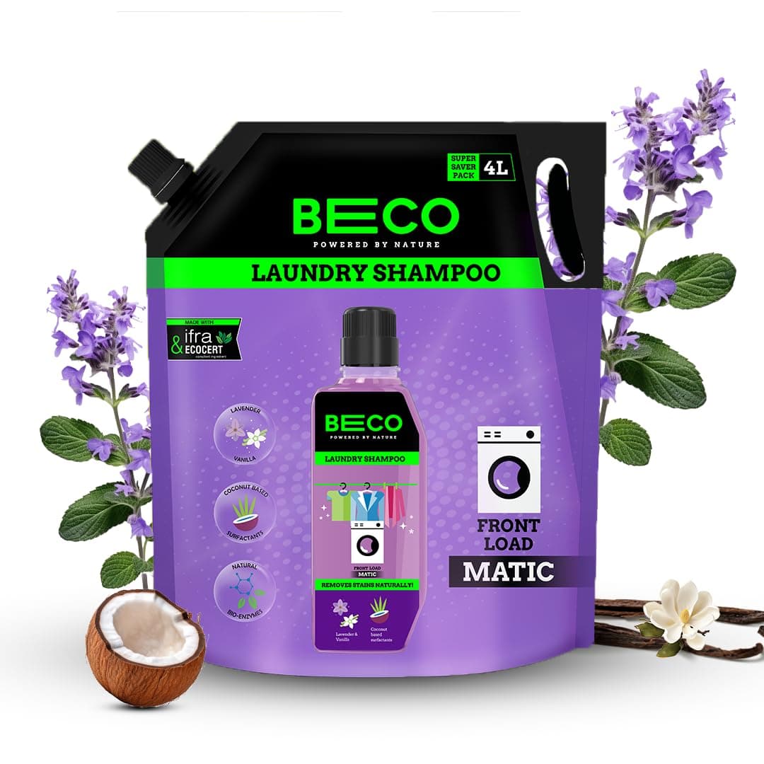 Beco Natural Liquid Detergent Front Load-4L Refill Pack | Tough Stain Removal | Lavender & Vanilla Freshness | Retains Brightness & Shine | Chemical Free | Front Load Washing Machine Detergent Liquid