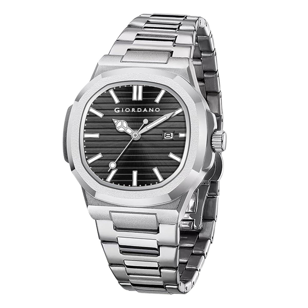 Giordano Analog Watch for Men – Textured Dial, Stainless Steel Strap, Date Display, Quartz Movement, Water Resistant