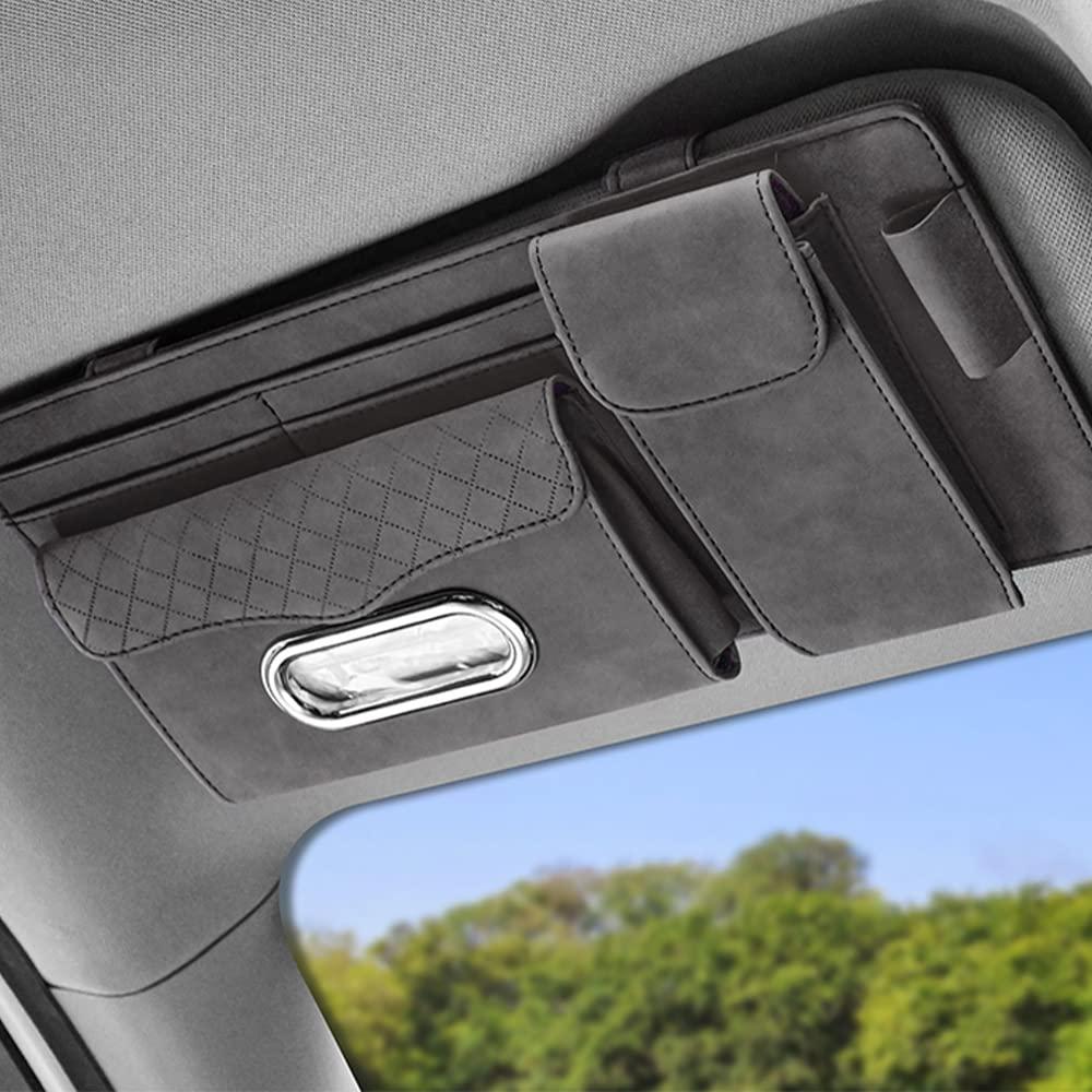 Automaze Suede Sun Visor Organizer Tissue Napkin Box Holder, With Sunglass Pocket, Card Slot, Pen Holder (Gray)