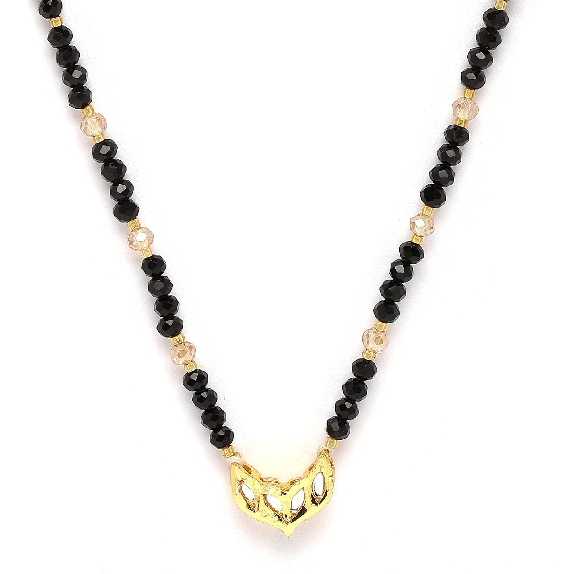 ZENEME Gold-Plated Black & White Artificial Stones Studded & Beads Beaded Locket Mangalsutra For Women (Design 2)