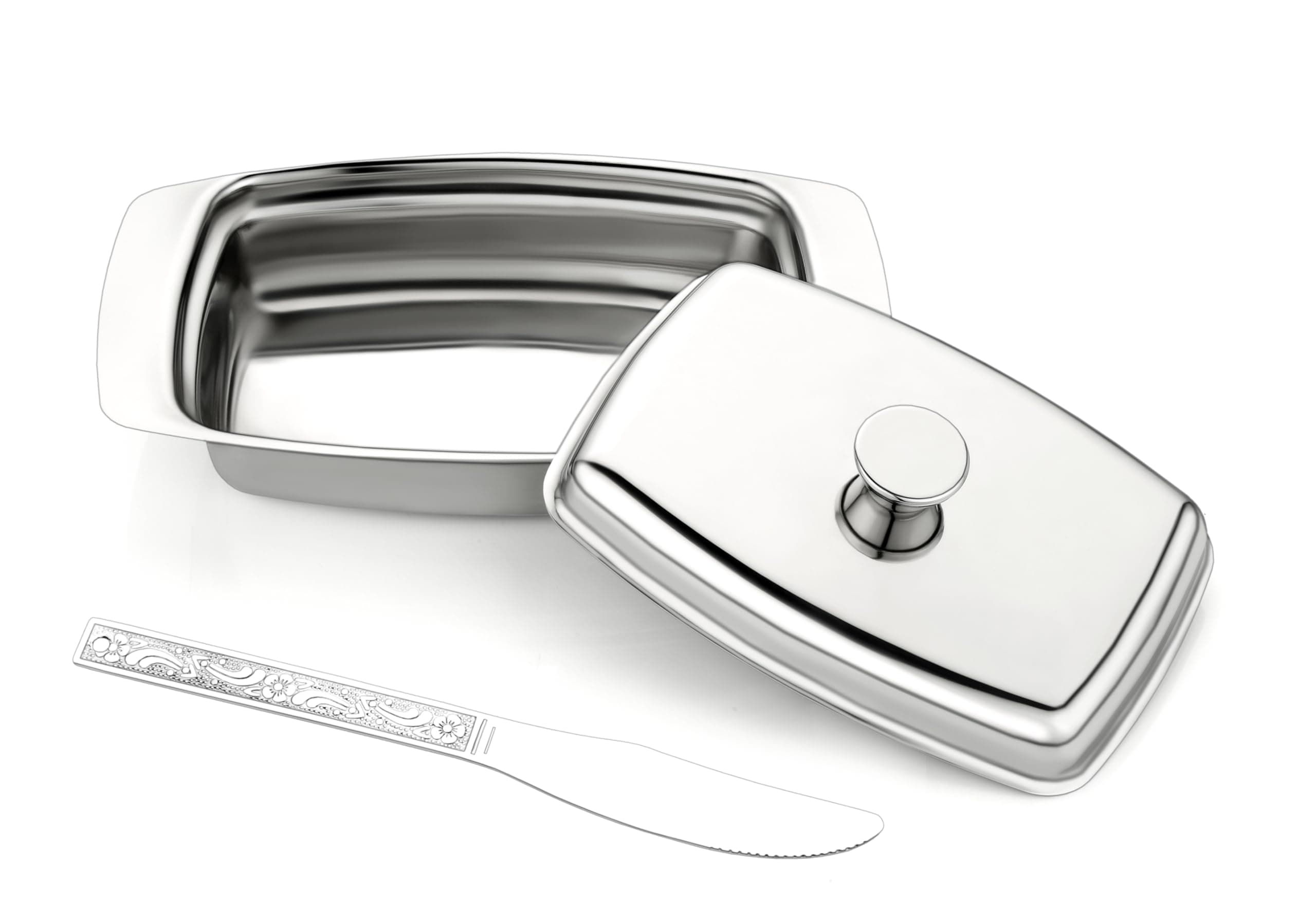 AMBA'R Stainless Steel Butter Dish with Lid, Butter Plate with Free Steel Butter Knife, Stainless Steel Butter Box/Butter Container with Lid 250G.