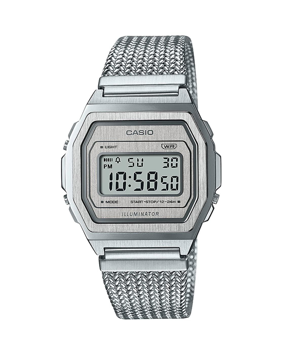 Casio Unisex Vintage A1000MA-7DF Silver Digital Dial Silver Stainless Steel Mesh Band D278