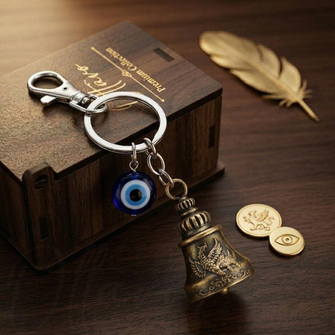 OTTAVO Premium Guardian Bell Keychain for Bike & Car | Tibetan Texture Bell Keychain with Evil Eye & Silver Hook | Good Luck Charm with Laser-Engraved Wooden Gift Box (Antique Brass)