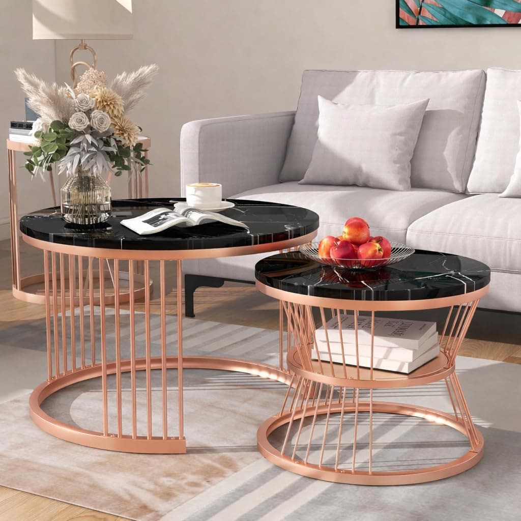 Brown Art SHOPPEE Round Coffee Table Home Décor Furniture Coffee Table Sets,2 Piece MDF Top,Stacking Nesting Table with Iron Frame for Living Room Living Room or Lounge (Rosegold Black)