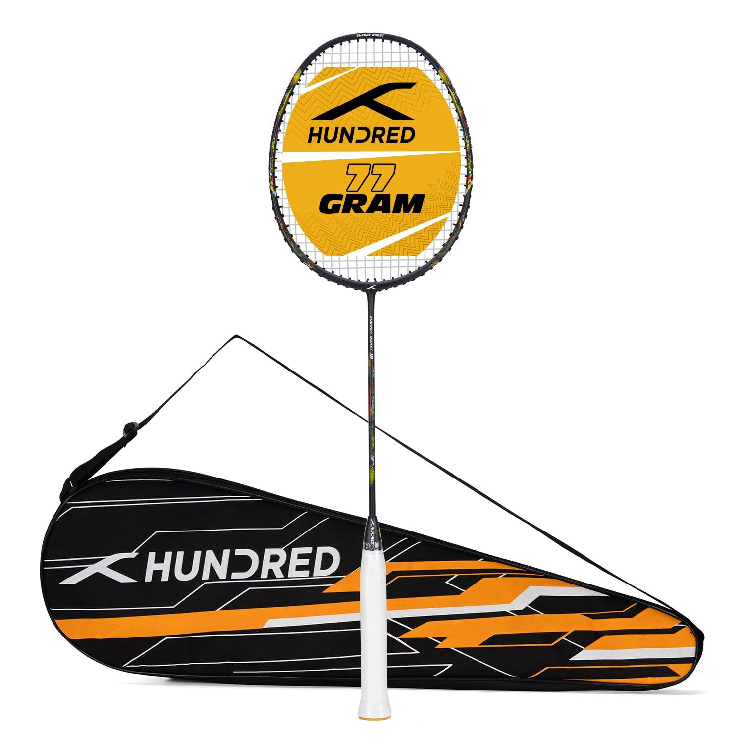 Hundred Carbon Fibre Energy Burst 18 Strung Badminton Racket with Full Cover (Dk Grey/Lime, 77 G)