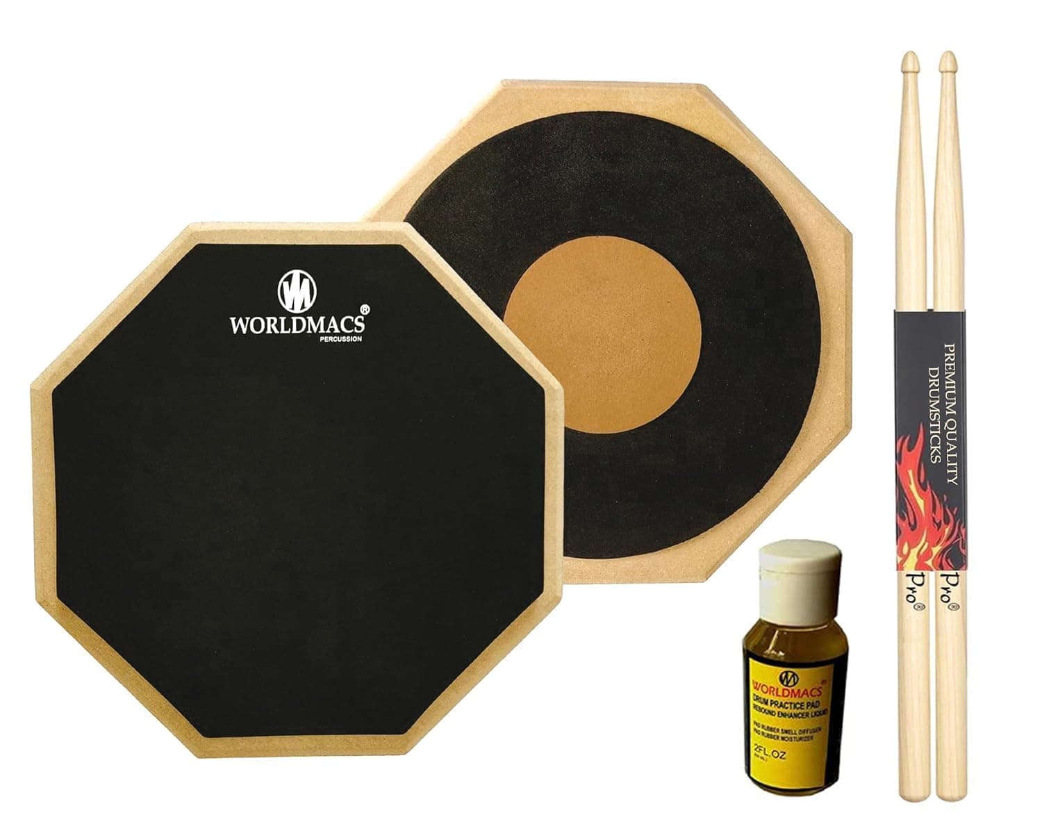WORLDMACS 12" advanced 3 rebound surface, Double-Sided Drum Practice Pad with Drumsticks,Rubber smell diffuser 59 ml & Carry Bag, Tough M.D.F wood Base, Portable Training drum Pad kit for Beginners