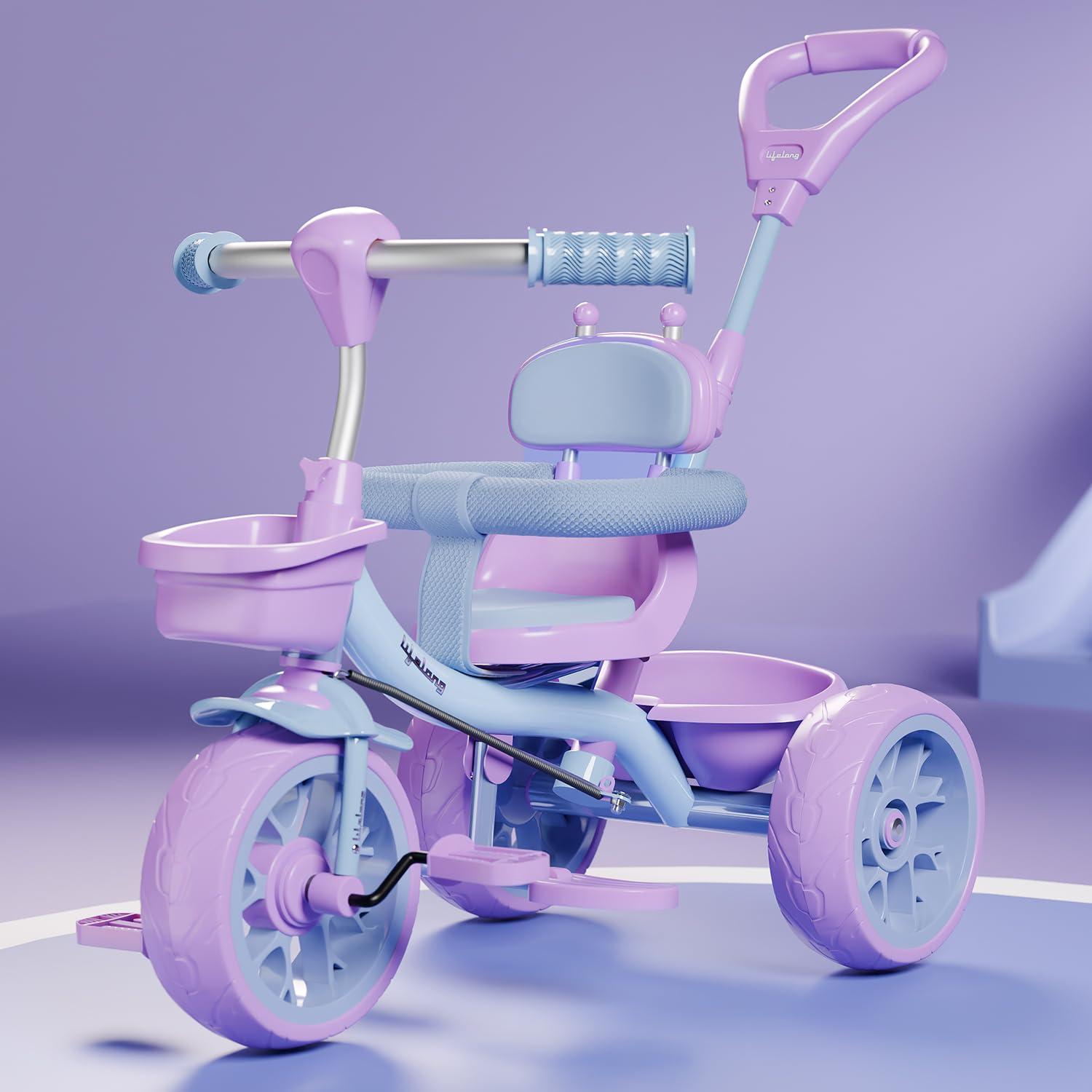 Lifelong Kids Harness Parental Control Tricycle with EVA Wheels, Bell & Storage Basket|Baby Trike|Age Group 1 Years to 4 Years Carrying Capacity Upto 25 kgs(Pink/Lavender)