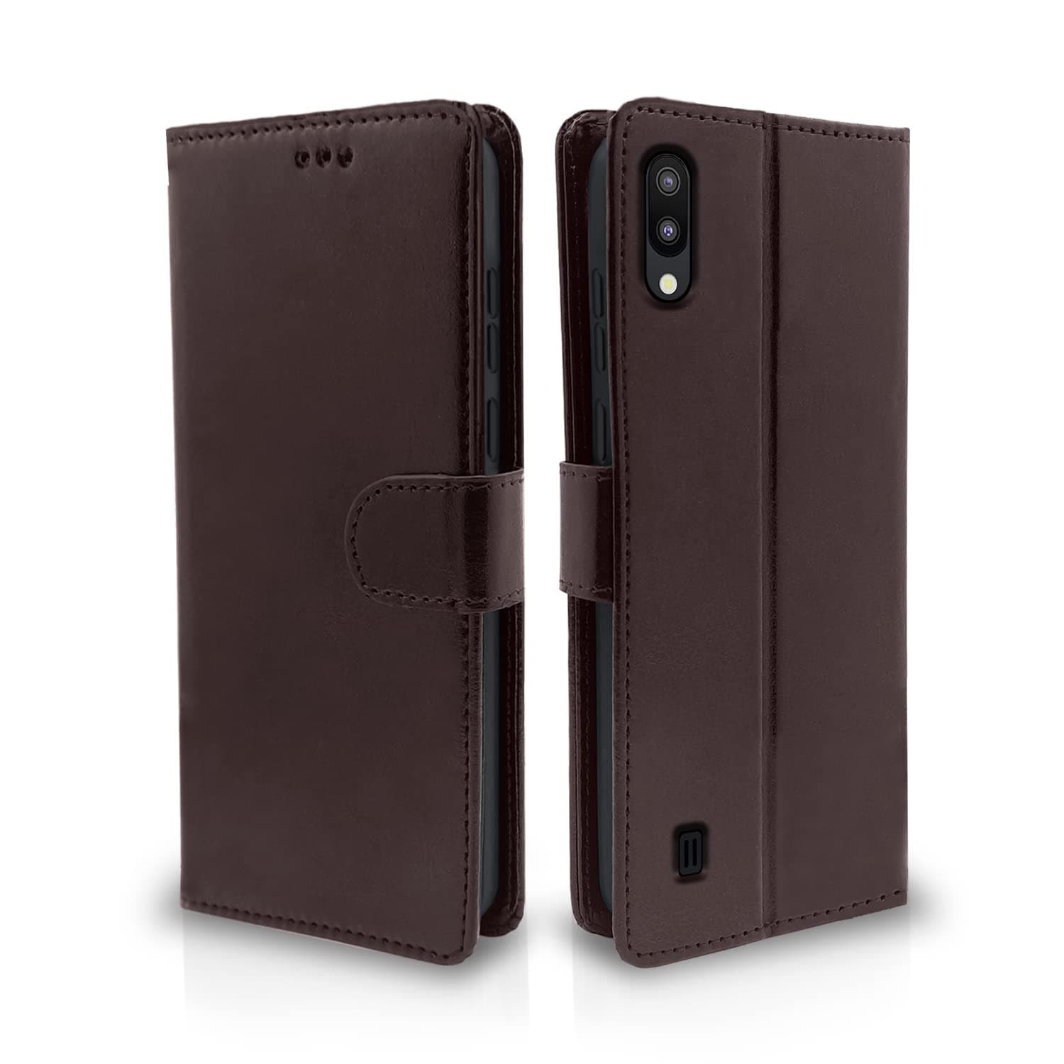 Pikkme Samsung Galaxy M10 Flip Case Leather Finish | Inside TPU with Card Pockets | Wallet Stand and Shock Proof | Magnetic Closing | Complete Protection Flip Cover (Coffee)