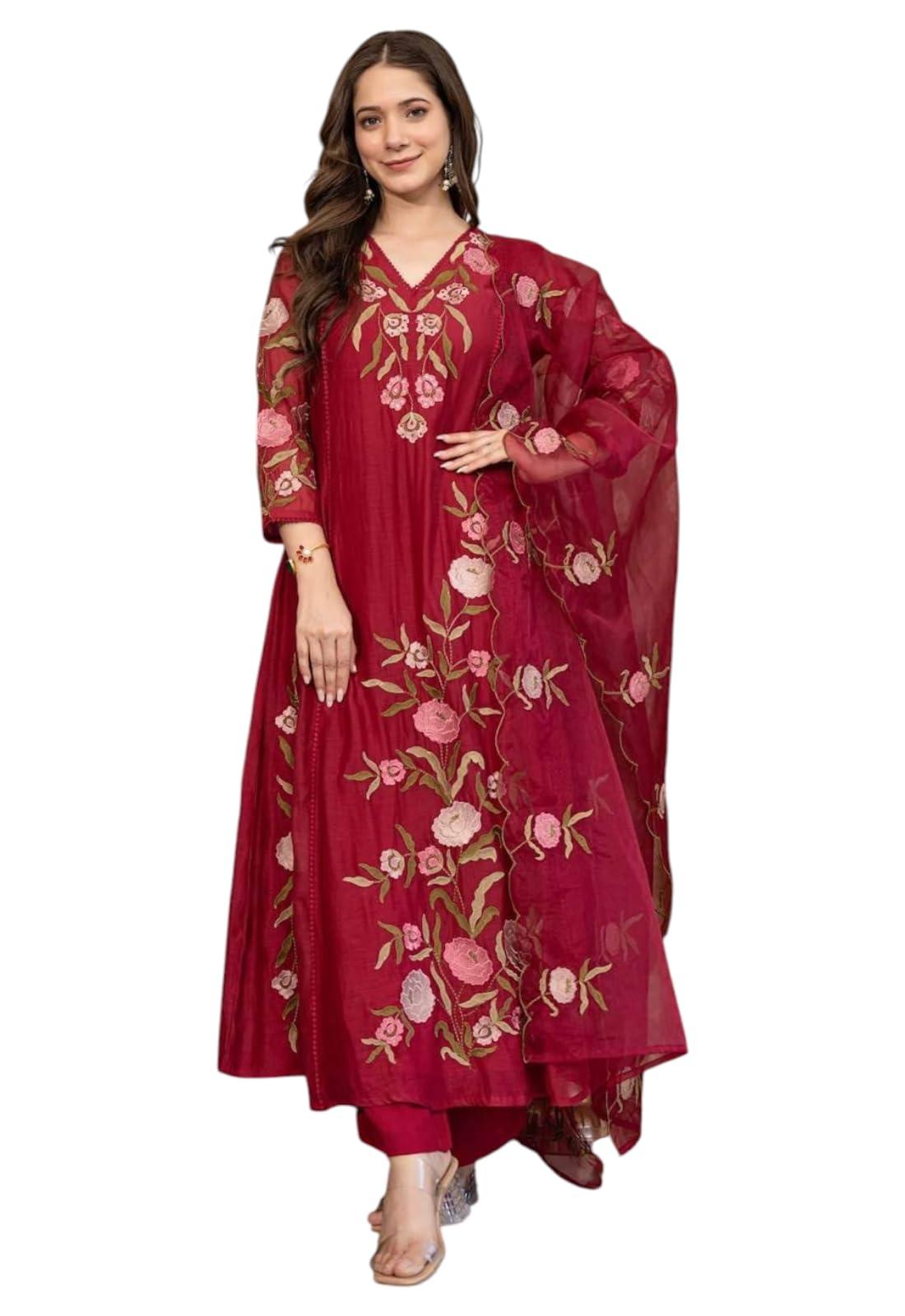 LookMark Women's Maroon Rayon Embroidery Kurta Set with Dupatta Kurti with Pants Ethnic Traditional Outfit-(AZ-LM-OG1-KS2574 Maroon-L)