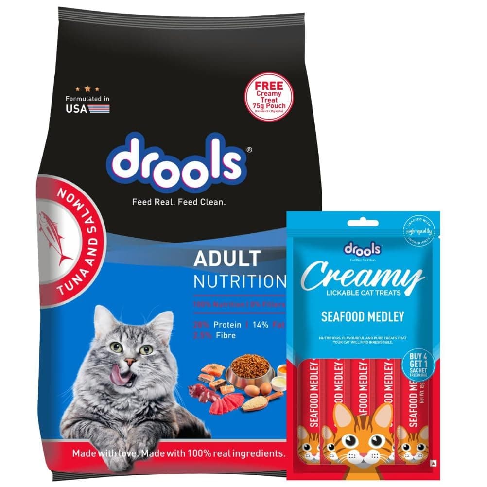 Drools Adult Dry Cat Food 1kg with Free 75g Creamy Treat | Tuna & Salmon Flavour | Reduces Hairball Formation | Taurine for Strong Heart | Supports Skin & Coat
