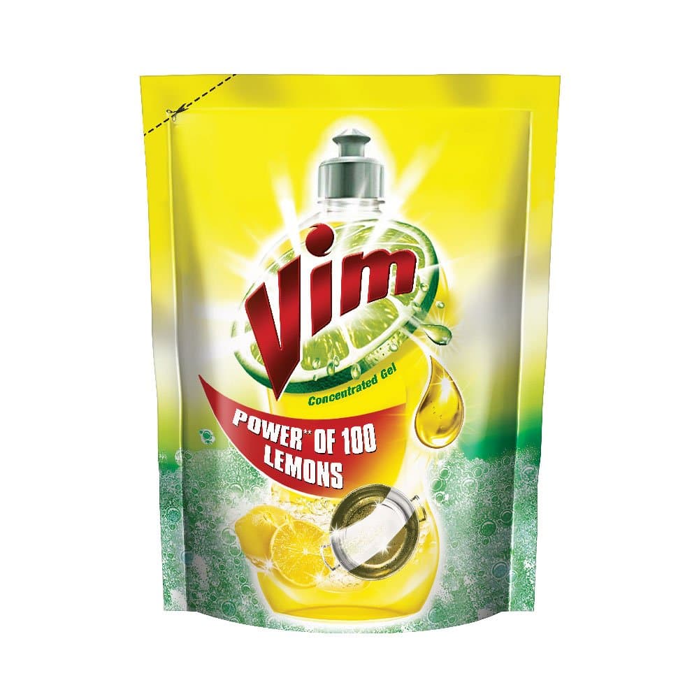 Vim Dishwash Liquid Gel Lemon Refill Pouch, With Power Of Lemons, Leaves No Residue, Refreshing Dishwash Experience, 225 ml