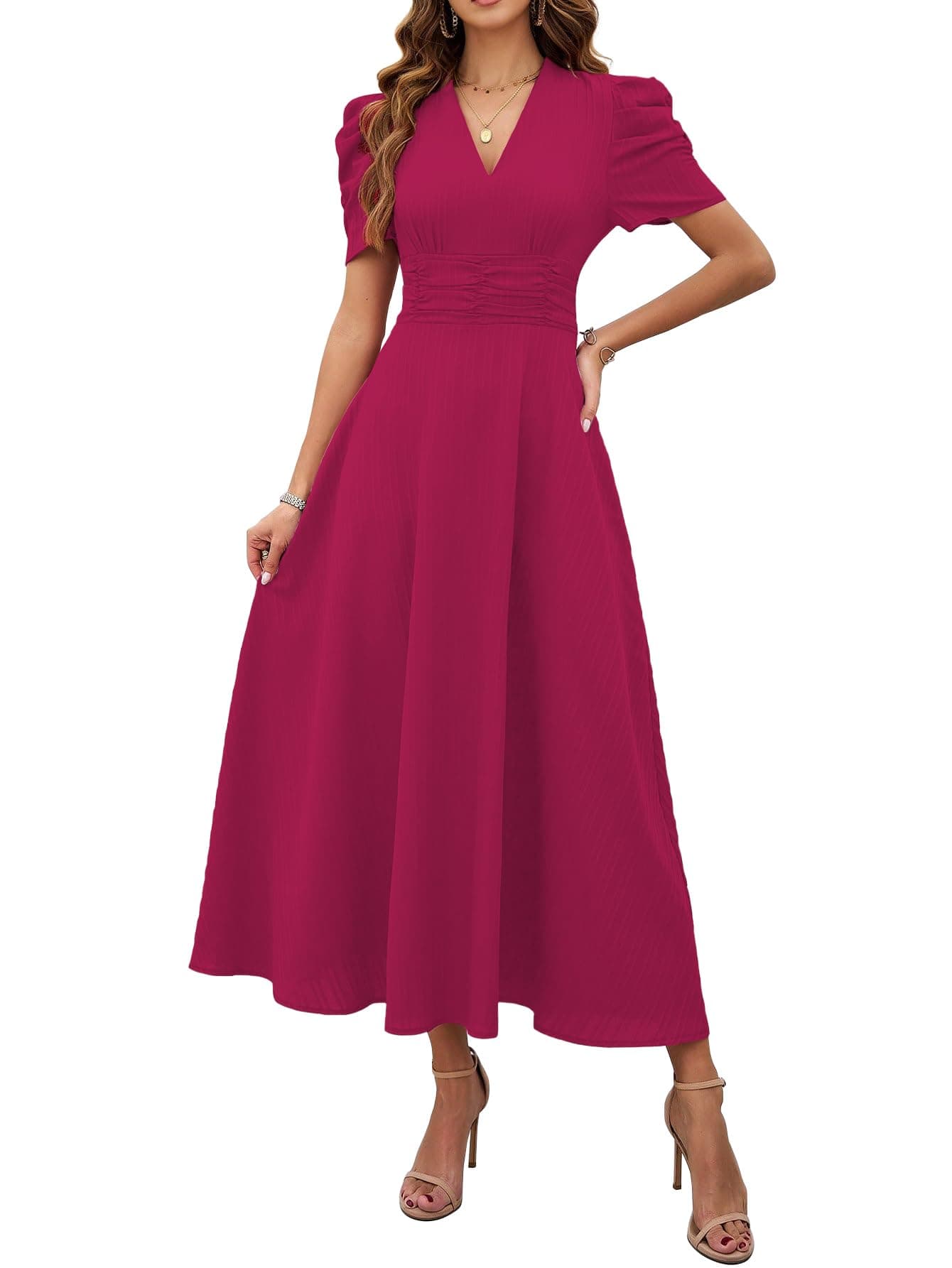 Shasmi Girl's & Women's Solid Color V-Neck A-Line Maxi Dress for Women | New Year Party Outfit | Waist Cinched Puff Sleeve Western | Elegant Casual Wear (Dress 246) (in, Alpha, M, Regular, Hot Pink)