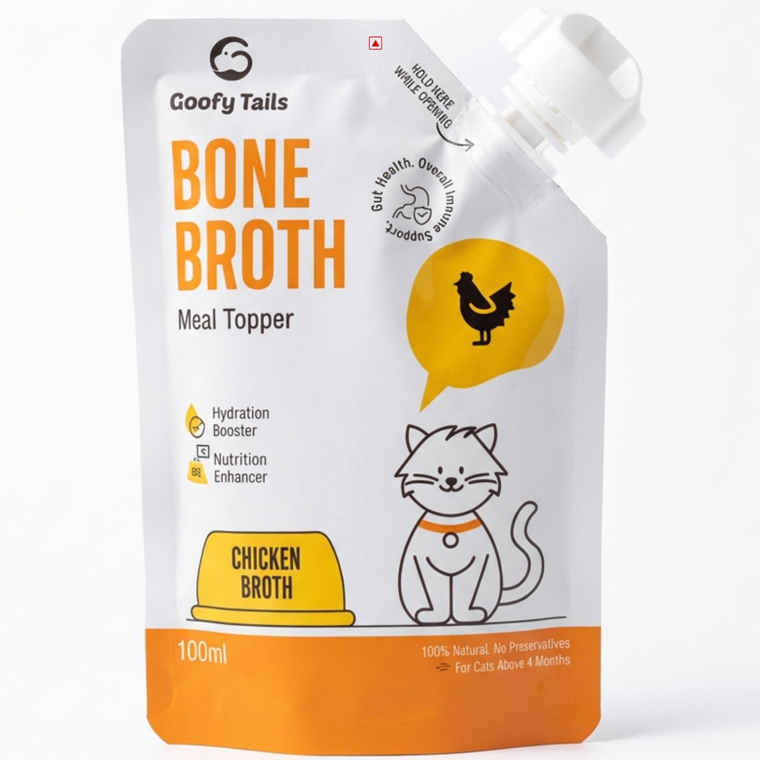 Goofy Tails Chicken Bone Broth for Cats 300ml (100ml X 3 Pack), Human Grade, Preservative Free,Gut Friendly Cat Food Topper, Cat Supplements with Natural Collagen