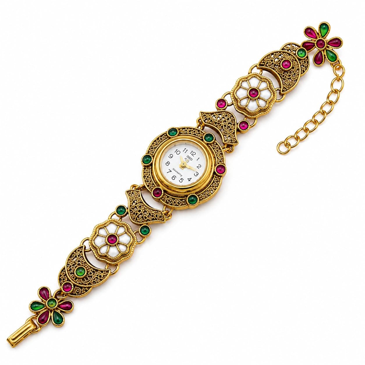 Designer Bracelet Watch for Women Analog Quartz Wrist Watch with Floral Kundan Style Dial Decorative Bracelet Chain Elegant Party Festive Ethnic Wear Gift for Women (Designer Bracelet Watches 4)