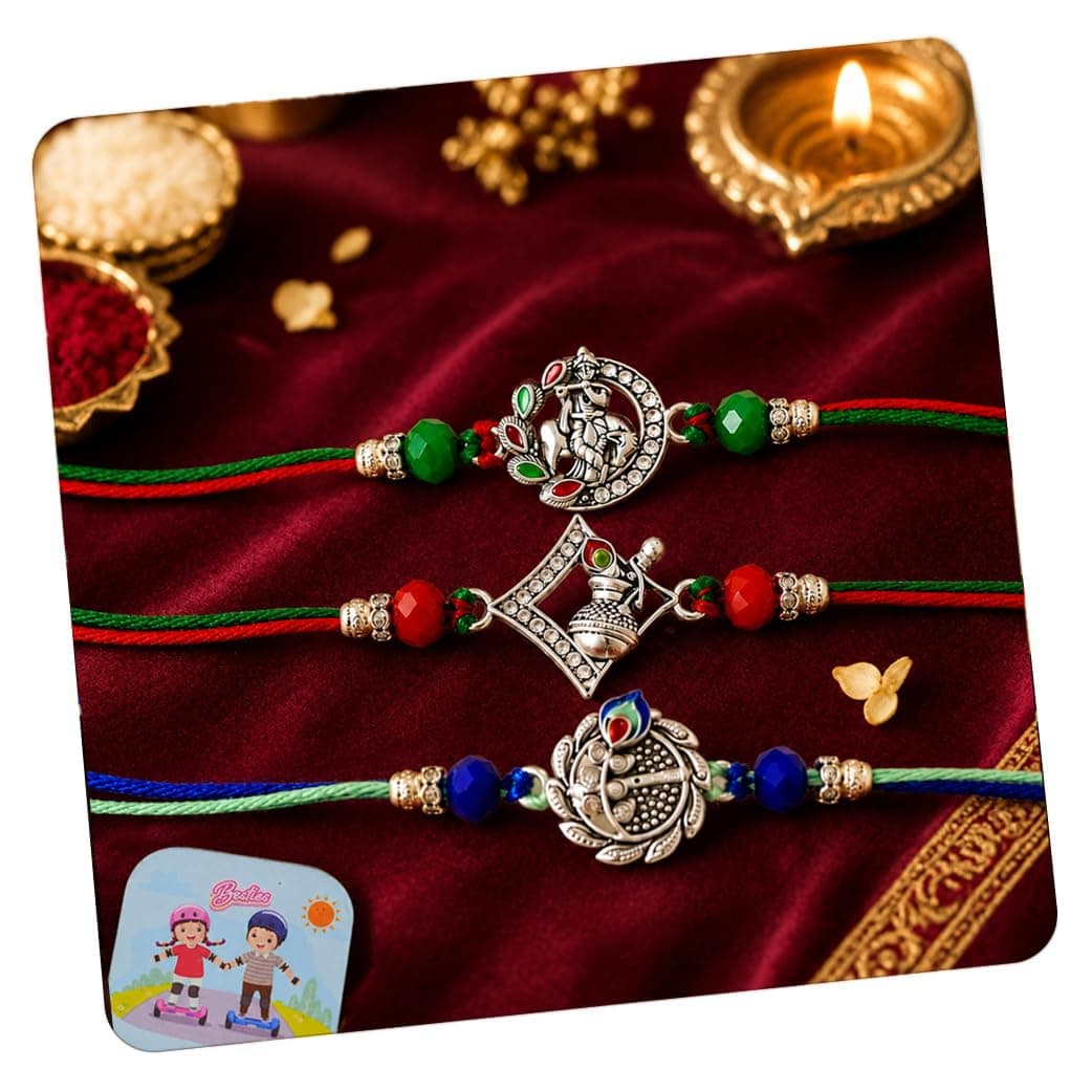 CraftVatika Set of 3 Silver Rakhi for Brothers with Gift, Designer Premium Silver Krishna Rakhi Gift for Brothers Raksha Bandhan Gift, Fridge Magnet Gift for Boy Men, Best Wishes Card and Tillak Set