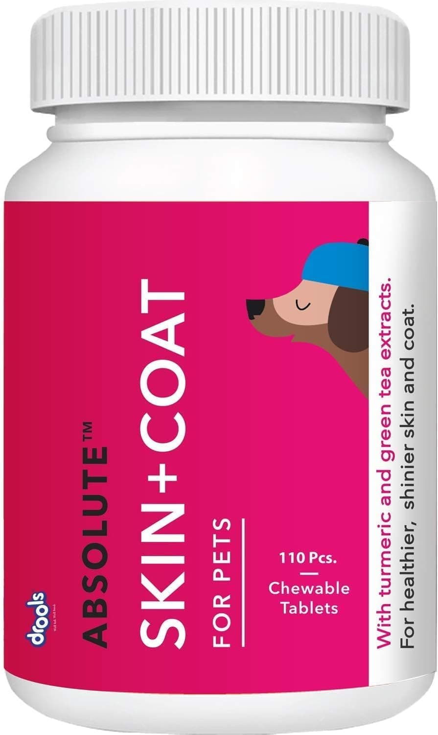 Drools Absolute Dog Supplement Tablet, Skin + Coat 400g 110 Pieces Jar | Turmeric Flavour | Supports Skin & Food Sensitivity | Nutrients Rich Botanical