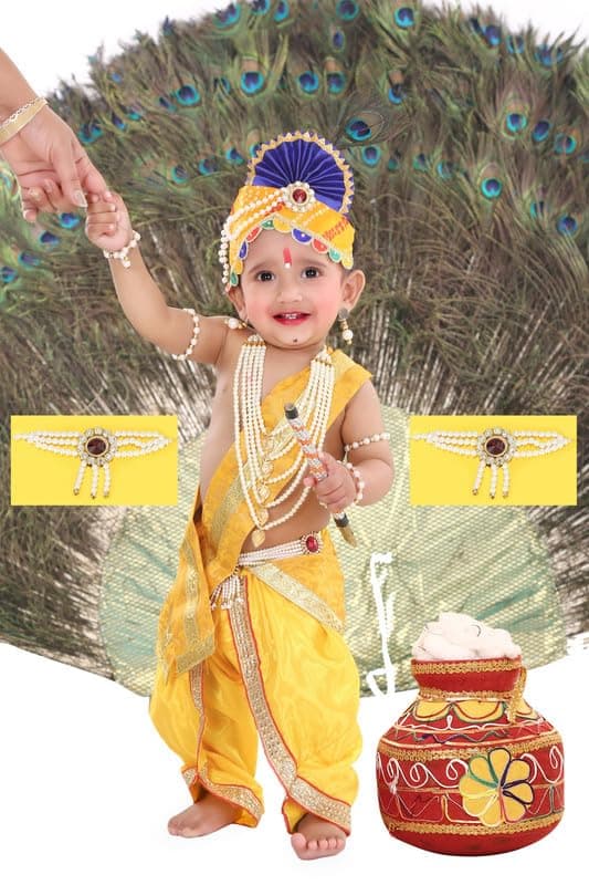 CHIKLOO Krishna Costume for Kids Boys | Bal Gopal Kanha Janmashtami Fancy Dress Outfit with Mukut | Traditional Krishna Dress for School Function, Festival, Stage Performance, Events & Photoshoot